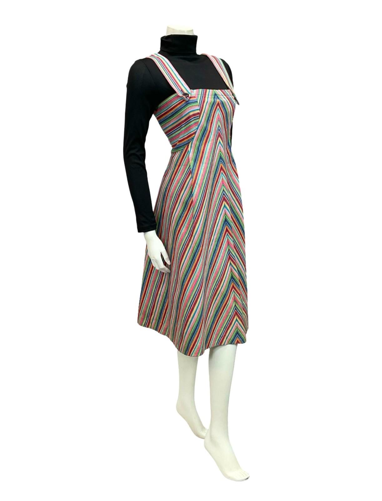 VTG 70S BLUE RED PINK YELLOW WHITE STRIPED MOD PINAFORE EMPIRE MIDI DRESS 10 12
