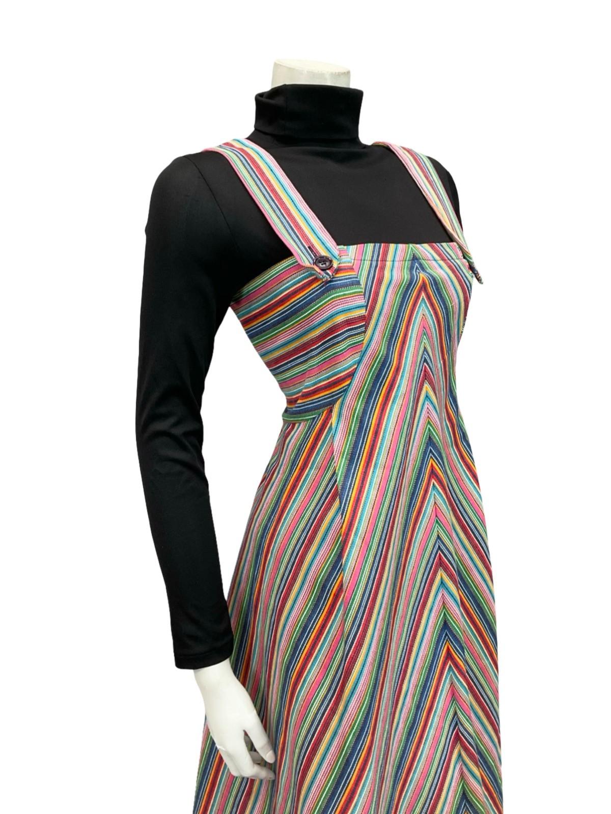 VTG 70S BLUE RED PINK YELLOW WHITE STRIPED MOD PINAFORE EMPIRE MIDI DRESS 10 12