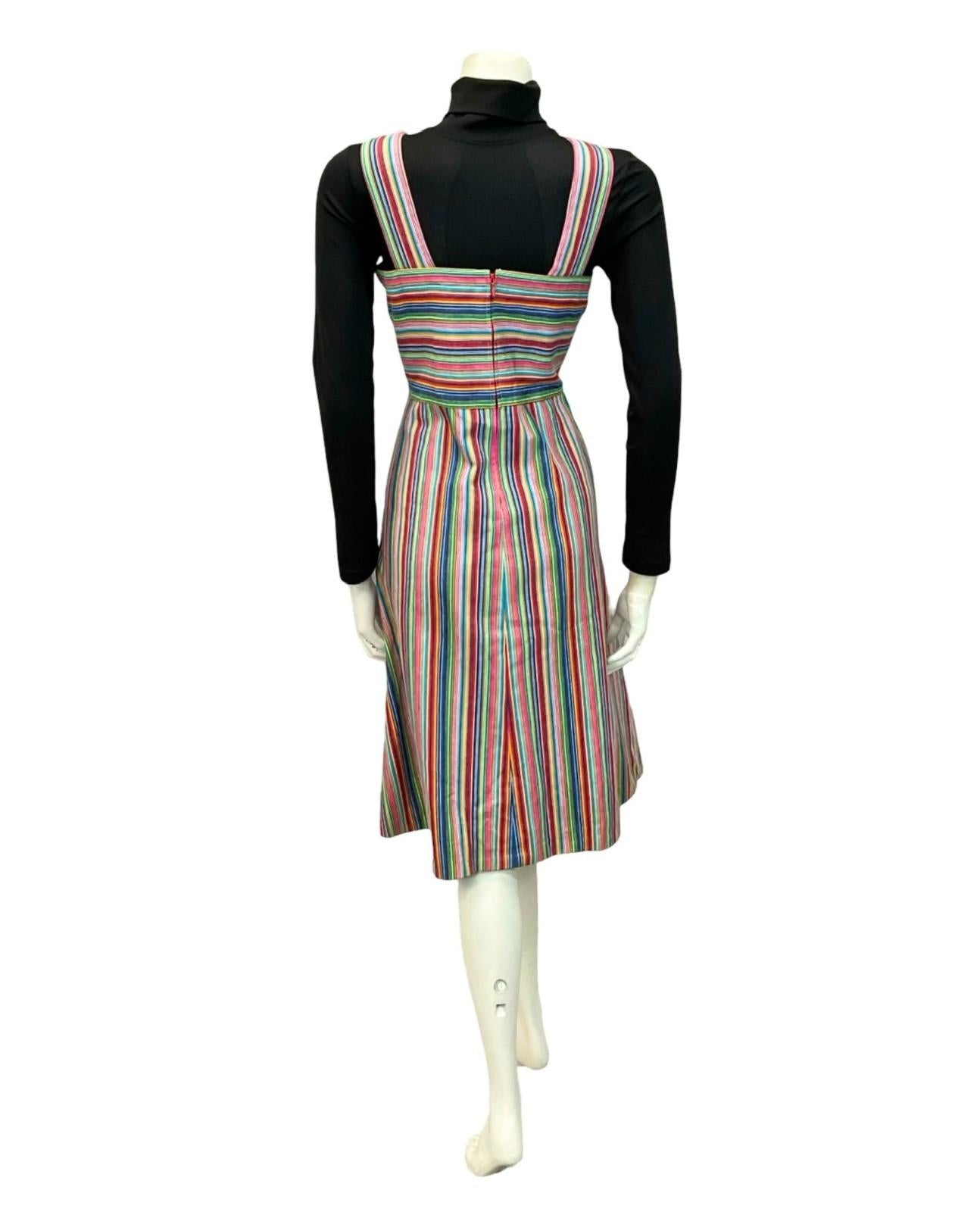 VTG 70S BLUE RED PINK YELLOW WHITE STRIPED MOD PINAFORE EMPIRE MIDI DRESS 10 12