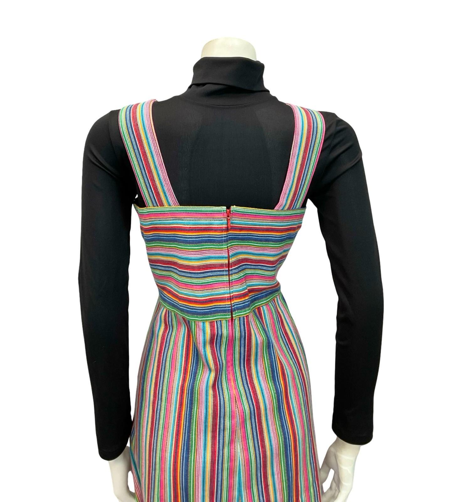 VTG 70S BLUE RED PINK YELLOW WHITE STRIPED MOD PINAFORE EMPIRE MIDI DRESS 10 12
