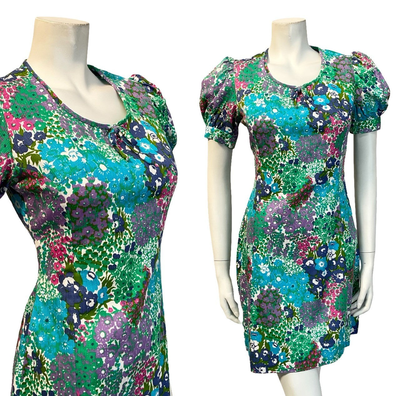VTG 60S BLUE GREEN PINK WHITE FLORAL PUFF SLEEVE SCOOP NECK BOW MINI DRESS 8