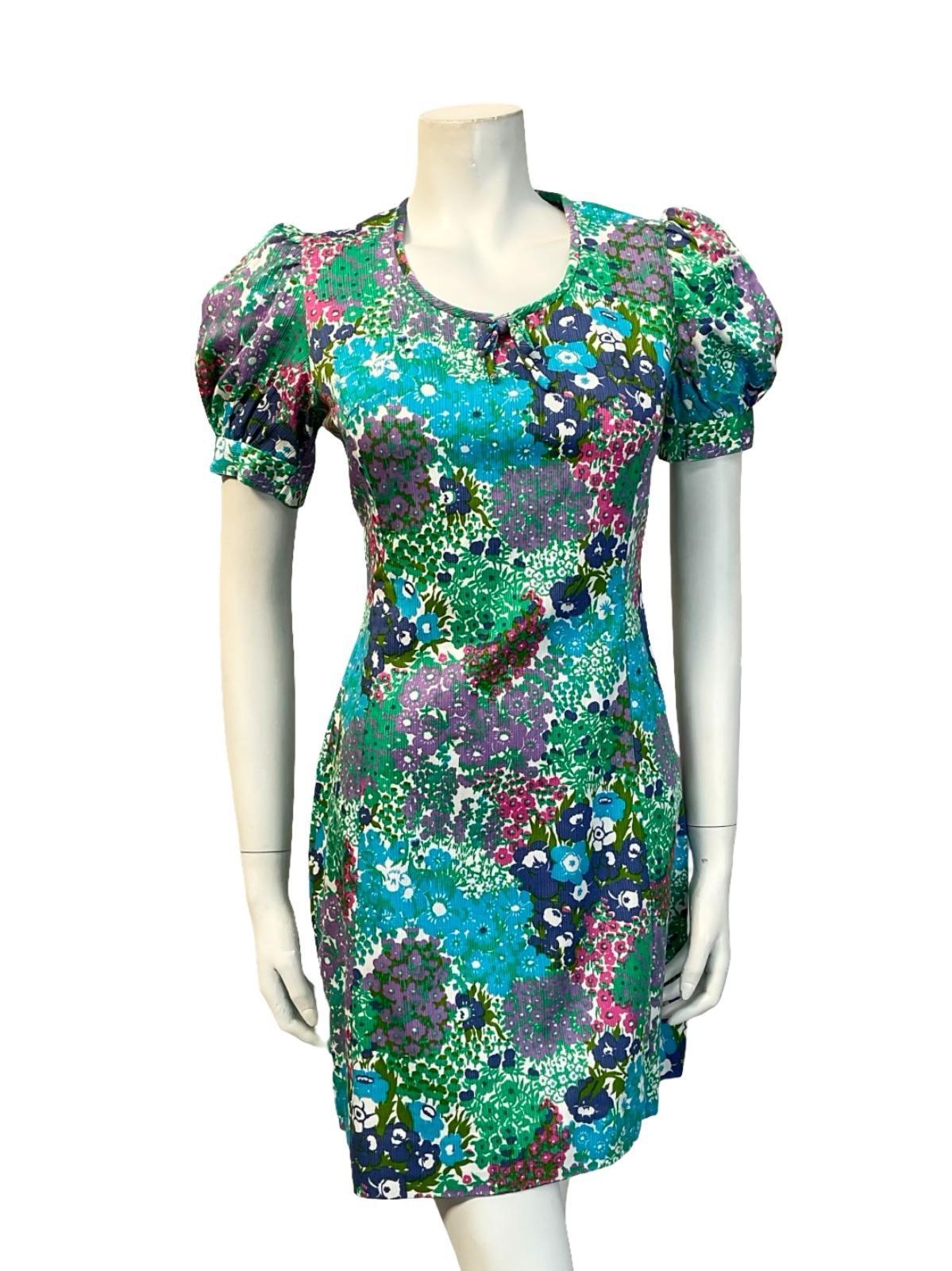VTG 60S BLUE GREEN PINK WHITE FLORAL PUFF SLEEVE SCOOP NECK BOW MINI DRESS 8