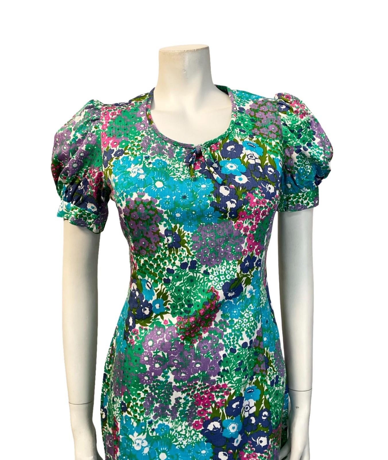 VTG 60S BLUE GREEN PINK WHITE FLORAL PUFF SLEEVE SCOOP NECK BOW MINI DRESS 8