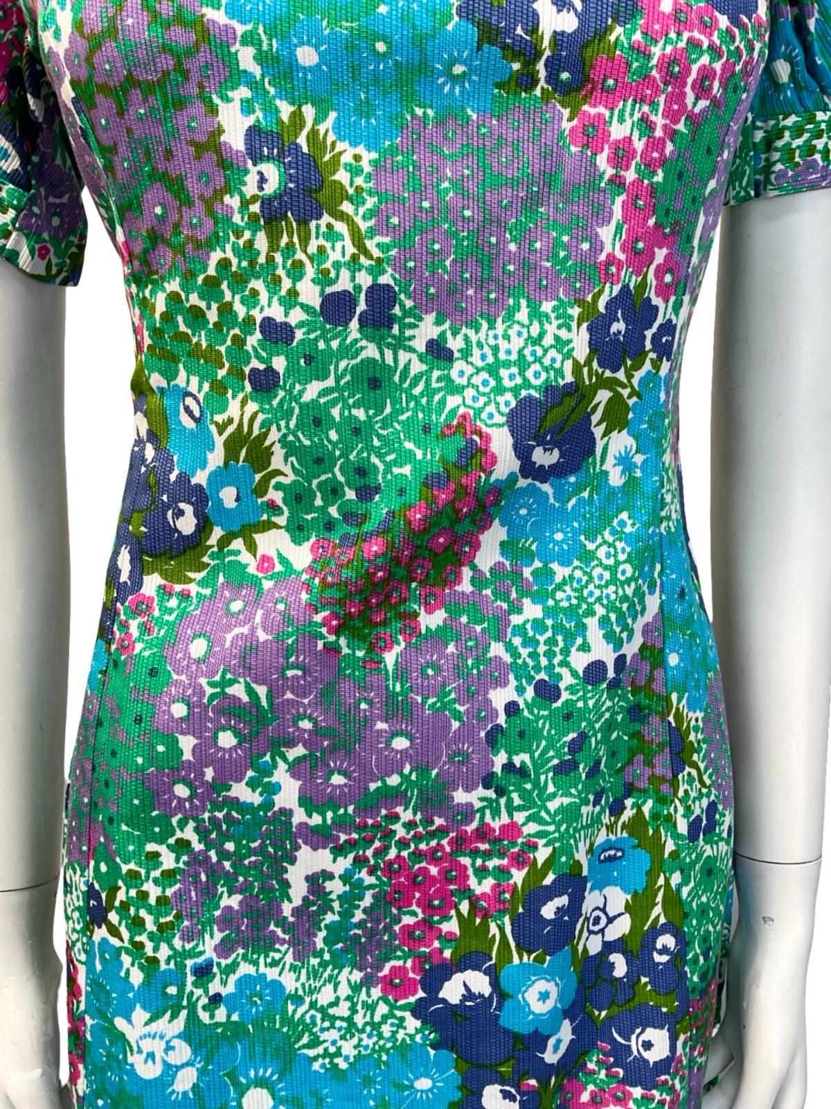 VTG 60S BLUE GREEN PINK WHITE FLORAL PUFF SLEEVE SCOOP NECK BOW MINI DRESS 8