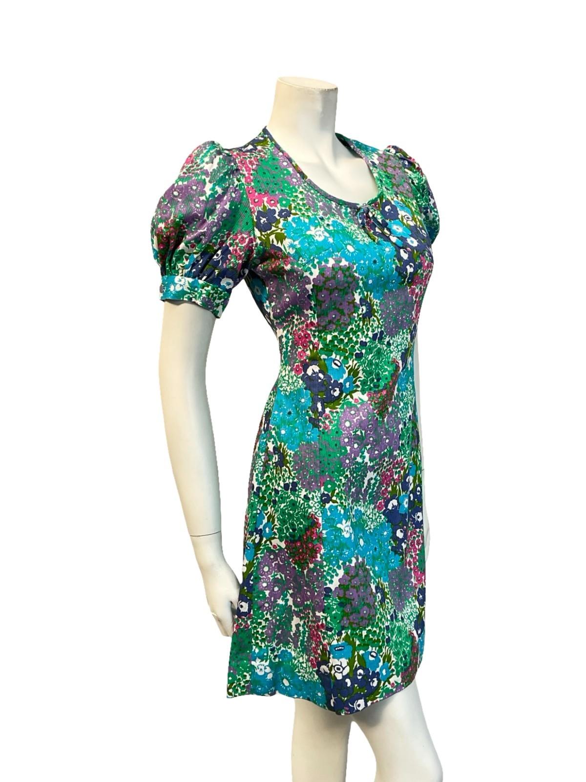 VTG 60S BLUE GREEN PINK WHITE FLORAL PUFF SLEEVE SCOOP NECK BOW MINI DRESS 8