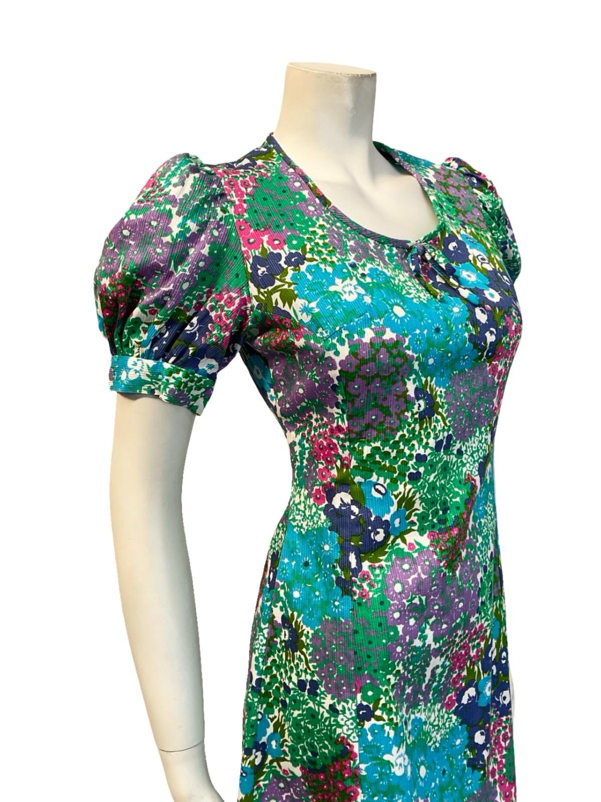 VTG 60S BLUE GREEN PINK WHITE FLORAL PUFF SLEEVE SCOOP NECK BOW MINI DRESS 8