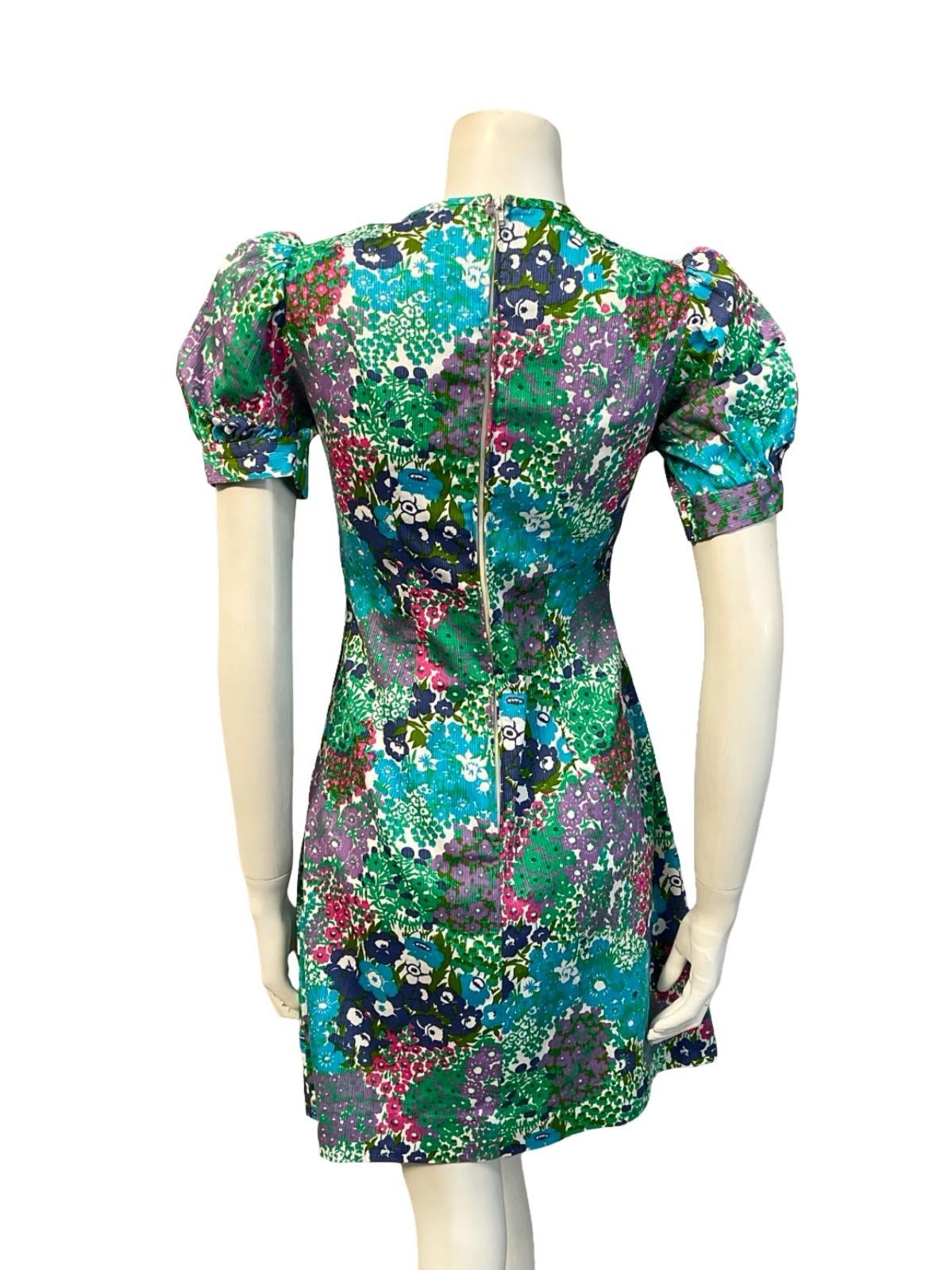 VTG 60S BLUE GREEN PINK WHITE FLORAL PUFF SLEEVE SCOOP NECK BOW MINI DRESS 8