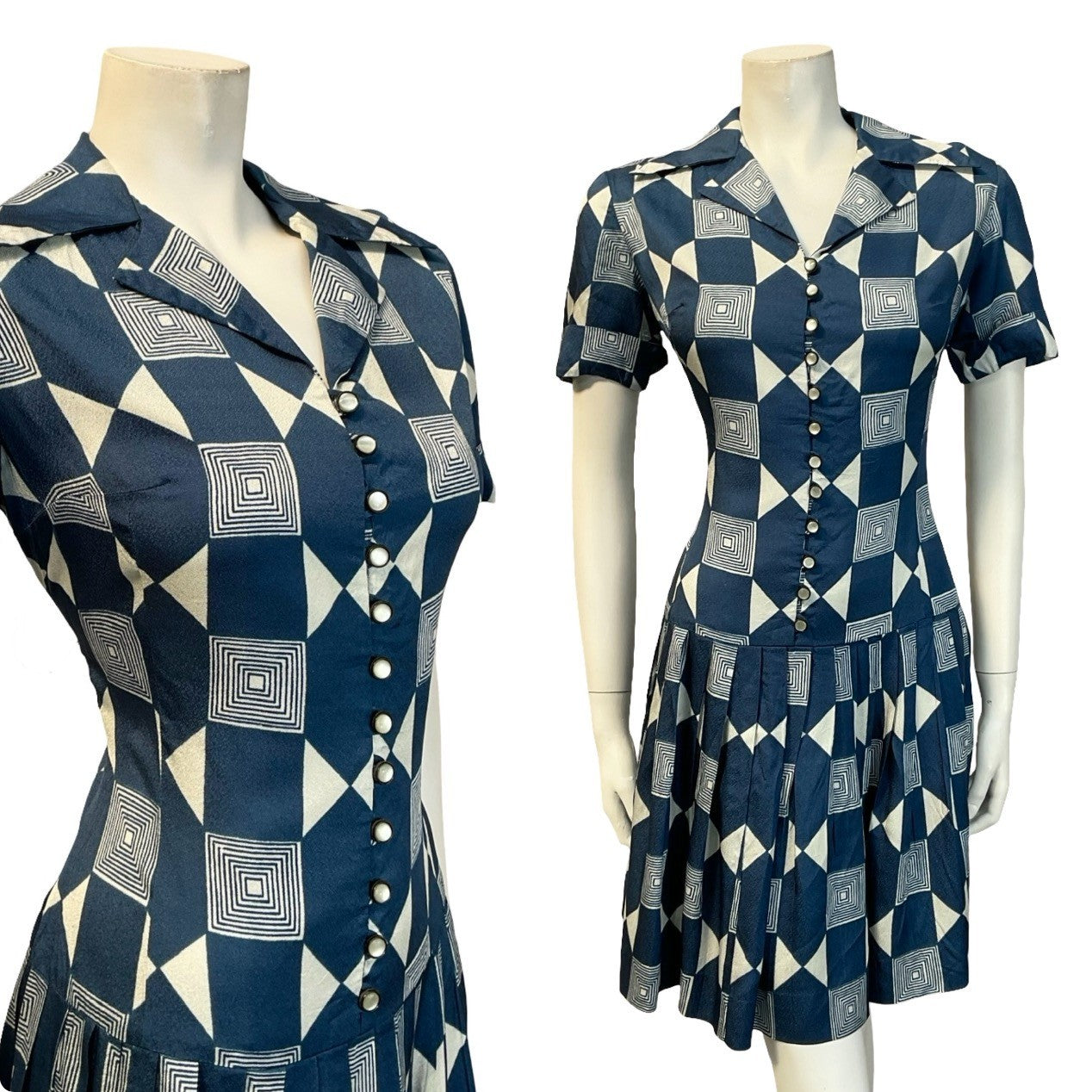 VTG 60S NAVY BLUE WHITE GEOMETRIC DROPPED WAIST PLEATED SHIRT MINI DRESS 10