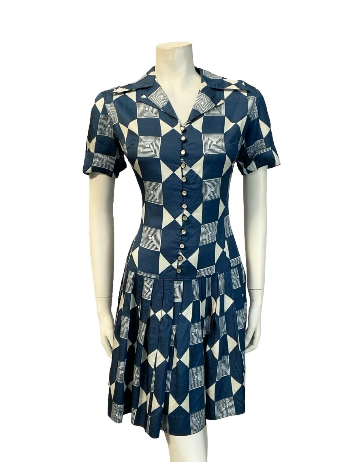 VTG 60S NAVY BLUE WHITE GEOMETRIC DROPPED WAIST PLEATED SHIRT MINI DRESS 10