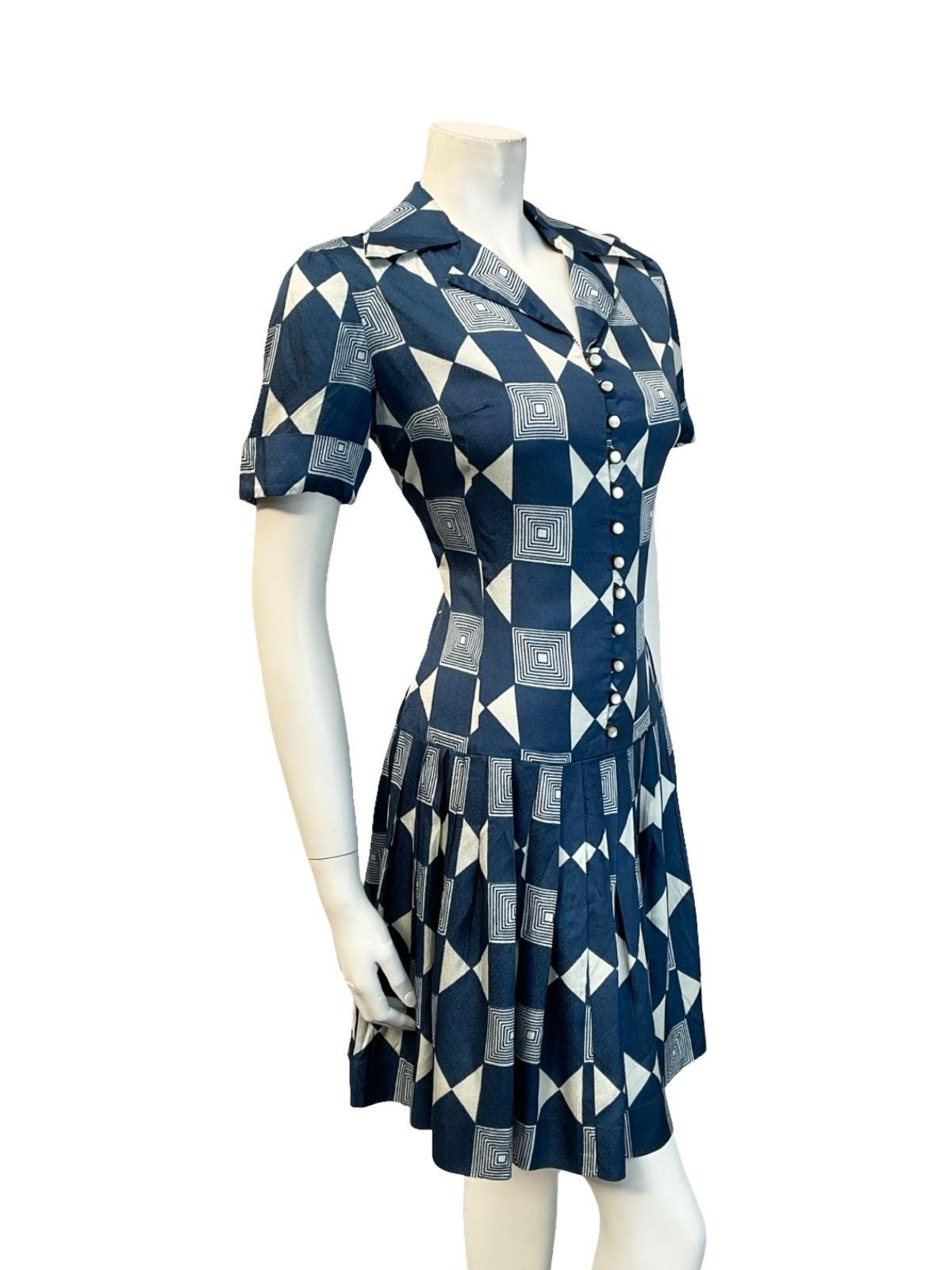 VTG 60S NAVY BLUE WHITE GEOMETRIC DROPPED WAIST PLEATED SHIRT MINI DRESS 10