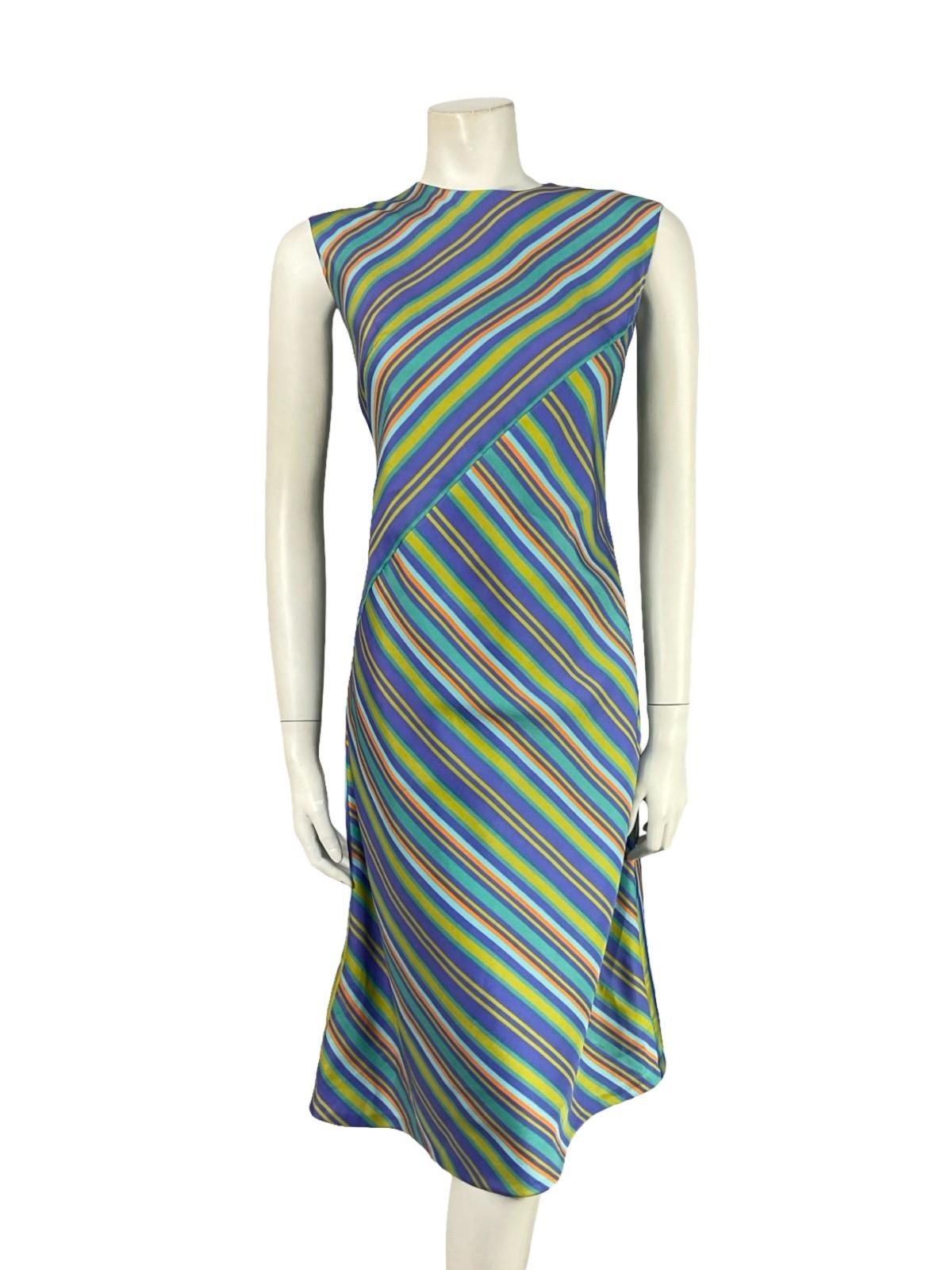 VTG 60S BLUE PURPLE GREEN BROWN STRIPED GEOMETRIC SHIFT MOD MIDI DRESS 10