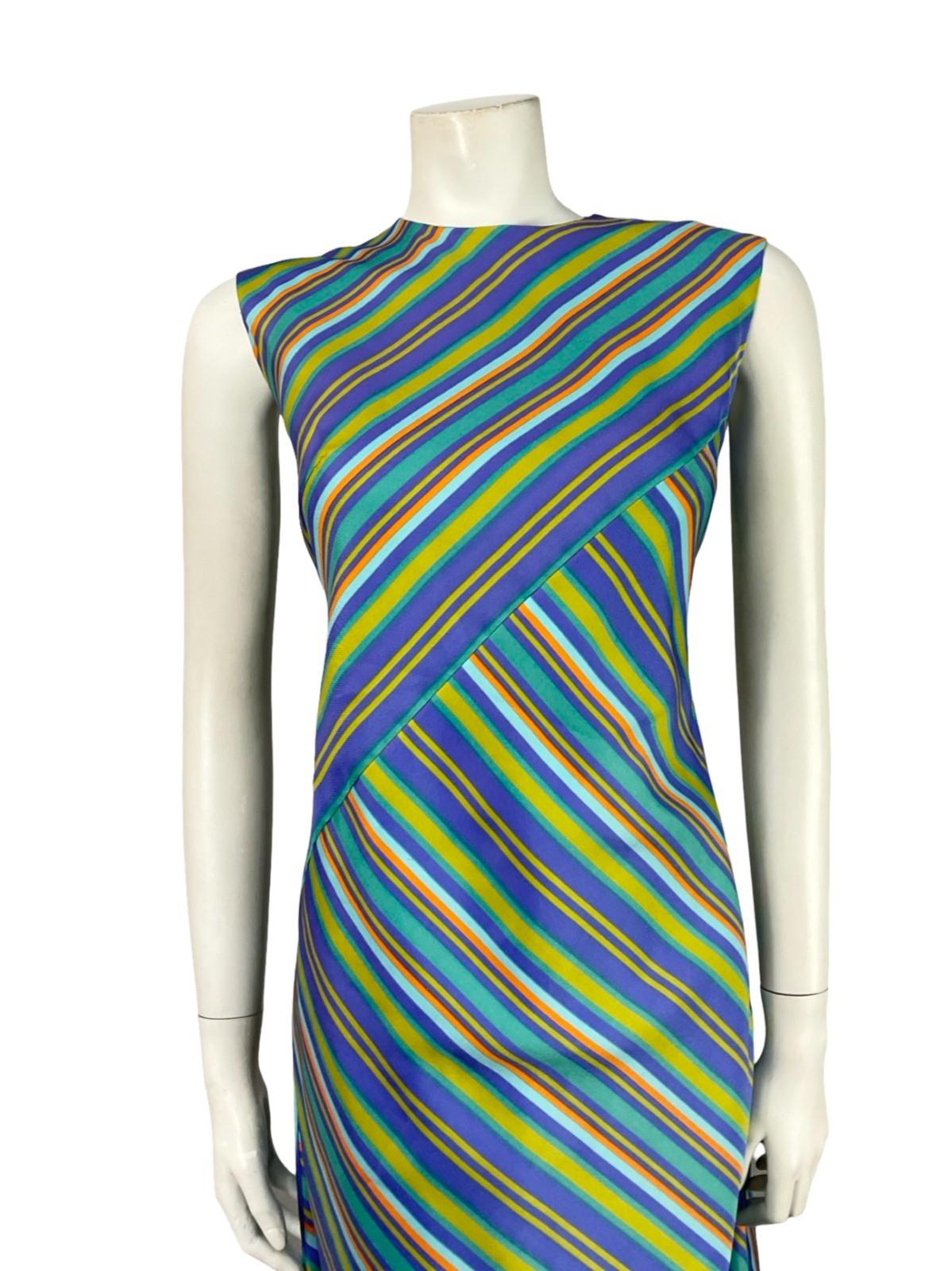 VTG 60S BLUE PURPLE GREEN BROWN STRIPED GEOMETRIC SHIFT MOD MIDI DRESS 10