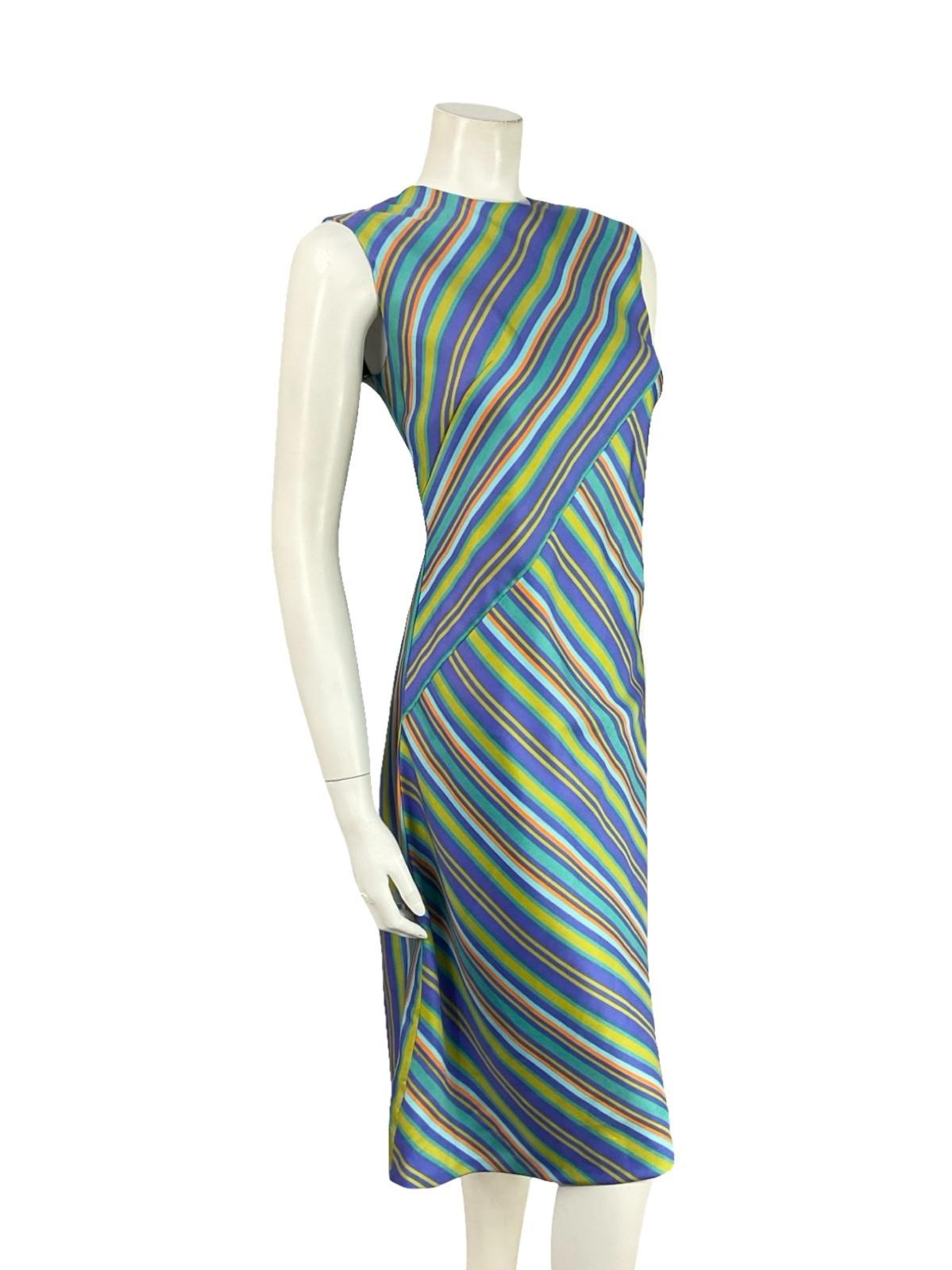VTG 60S BLUE PURPLE GREEN BROWN STRIPED GEOMETRIC SHIFT MOD MIDI DRESS 10