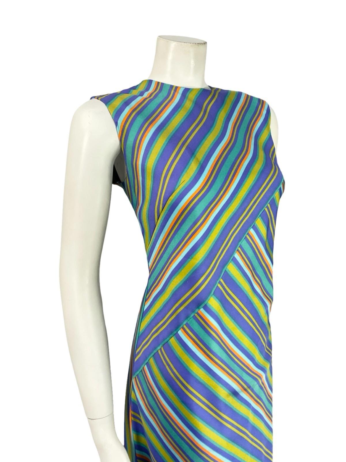 VTG 60S BLUE PURPLE GREEN BROWN STRIPED GEOMETRIC SHIFT MOD MIDI DRESS 10