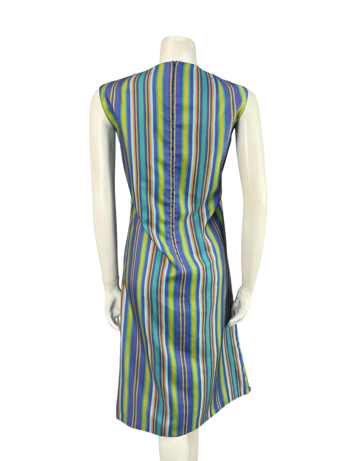 VTG 60S BLUE PURPLE GREEN BROWN STRIPED GEOMETRIC SHIFT MOD MIDI DRESS 10