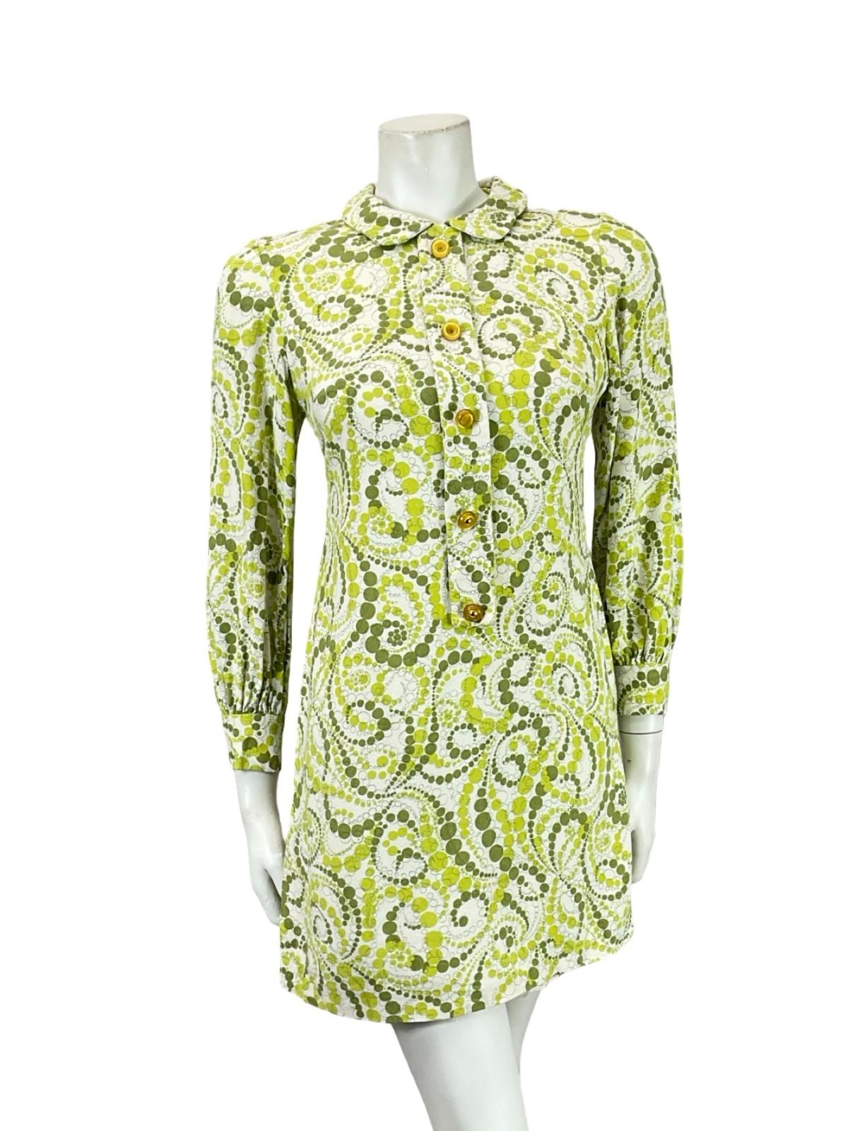 VTG 60S 70S GREEN WHITE GEOMETRIC DOTTY MOD PETER PAN COLLAR SHIFT DRESS 6 XS 4