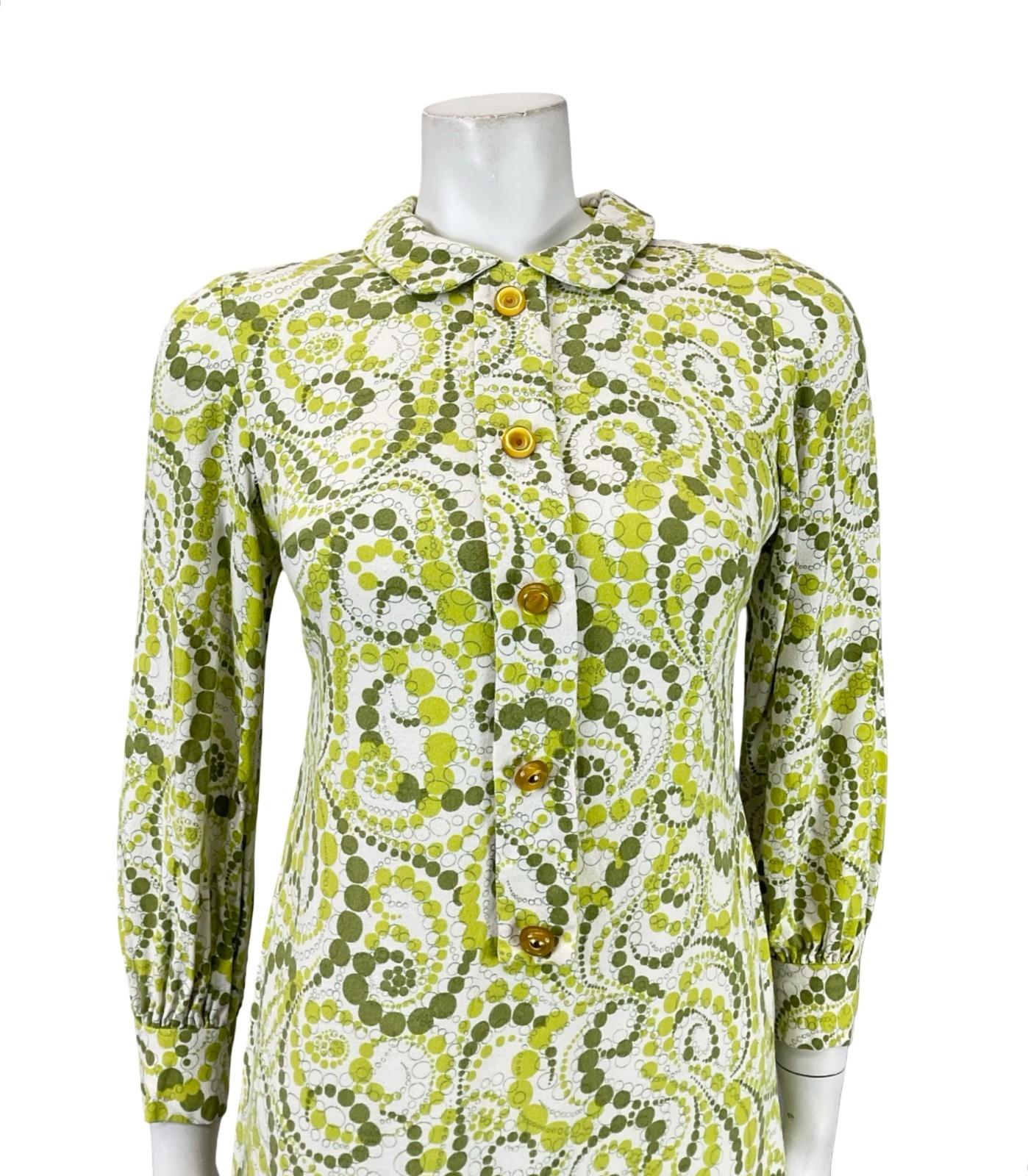 VTG 60S 70S GREEN WHITE GEOMETRIC DOTTY MOD PETER PAN COLLAR SHIFT DRESS 6 XS 4