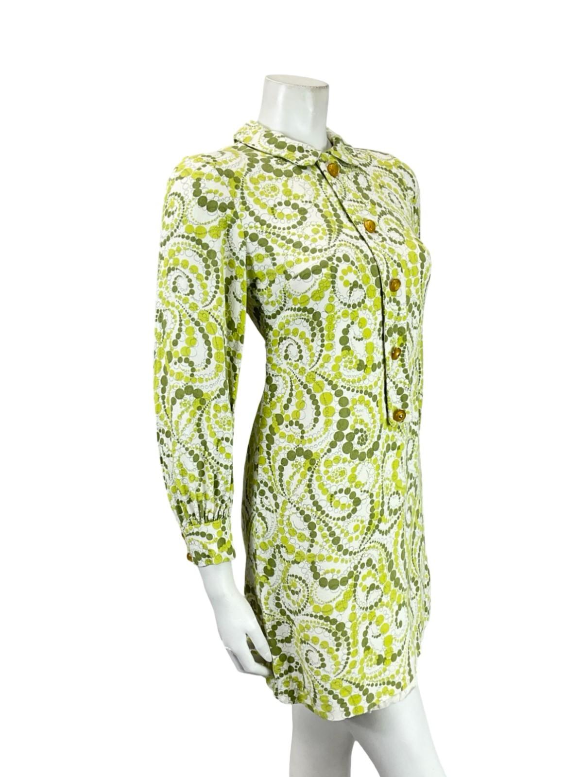 VTG 60S 70S GREEN WHITE GEOMETRIC DOTTY MOD PETER PAN COLLAR SHIFT DRESS 6 XS 4