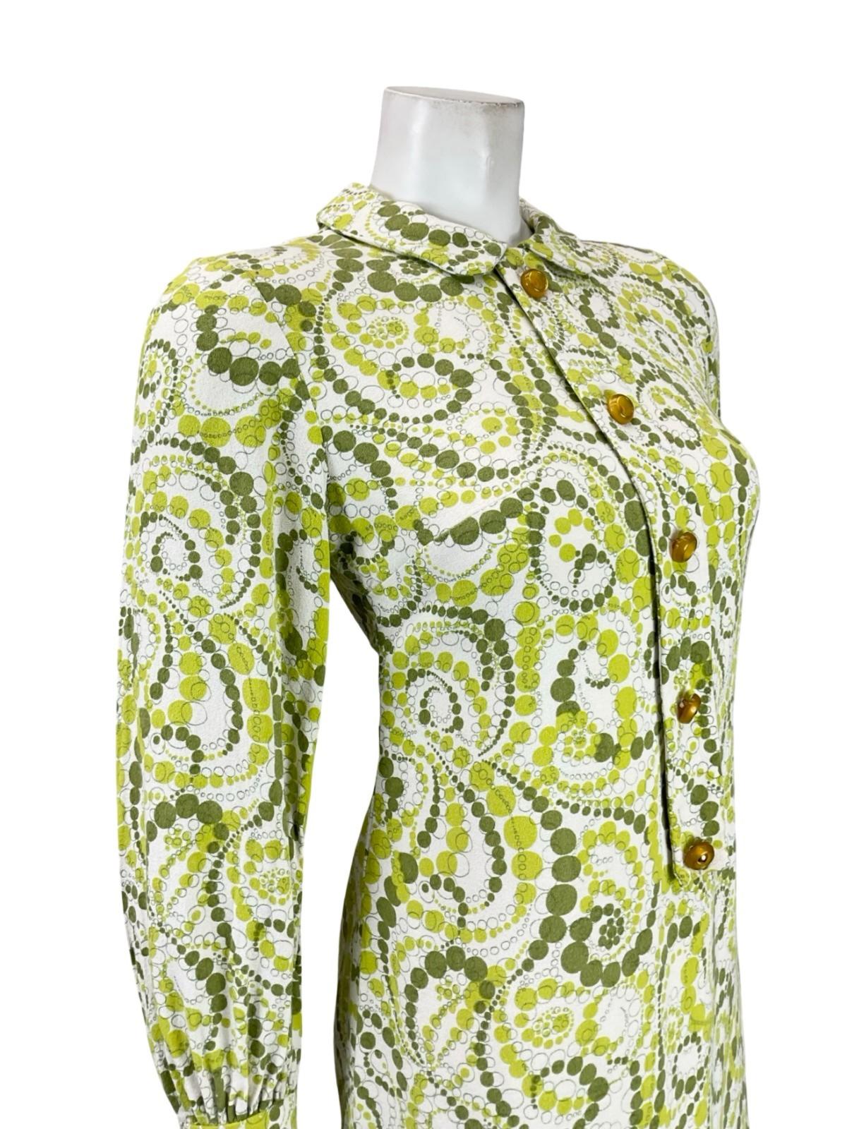 VTG 60S 70S GREEN WHITE GEOMETRIC DOTTY MOD PETER PAN COLLAR SHIFT DRESS 6 XS 4