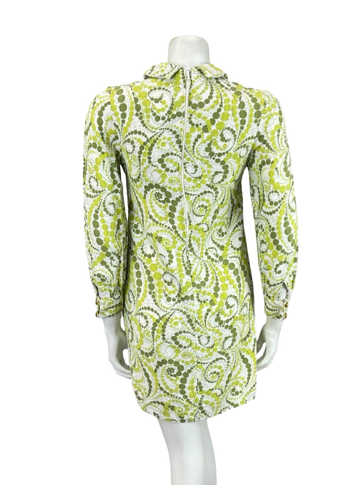 VTG 60S 70S GREEN WHITE GEOMETRIC DOTTY MOD PETER PAN COLLAR SHIFT DRESS 6 XS 4