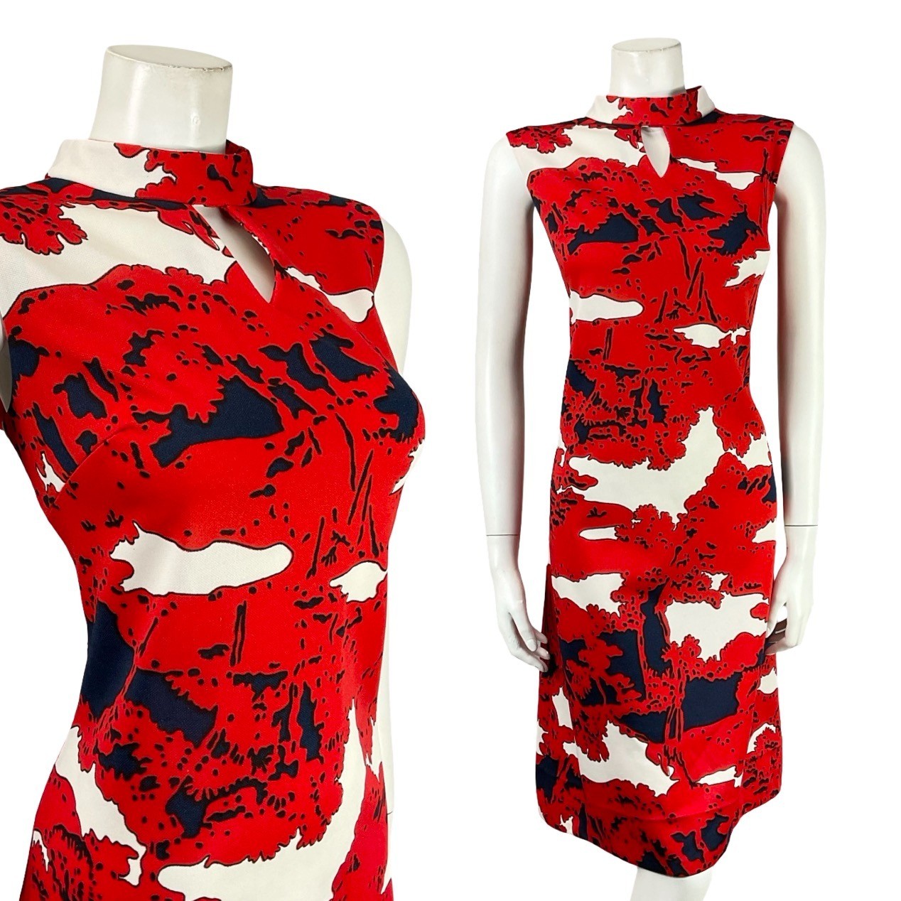 VTG 60S 70S RED NAVY BLUE WHITE PSYCHEDELIC FUNNEL MOD SHIFT KEYHOLE DRESS 14