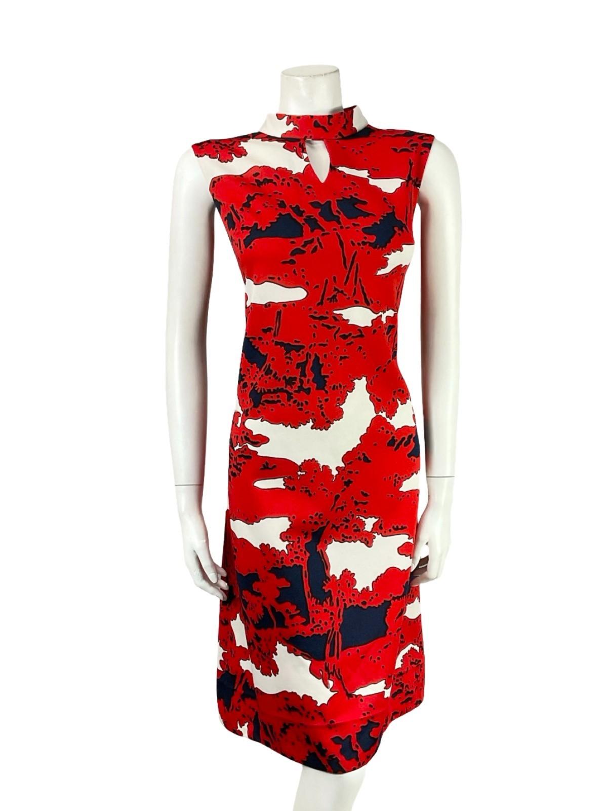 VTG 60S 70S RED NAVY BLUE WHITE PSYCHEDELIC FUNNEL MOD SHIFT KEYHOLE DRESS 14