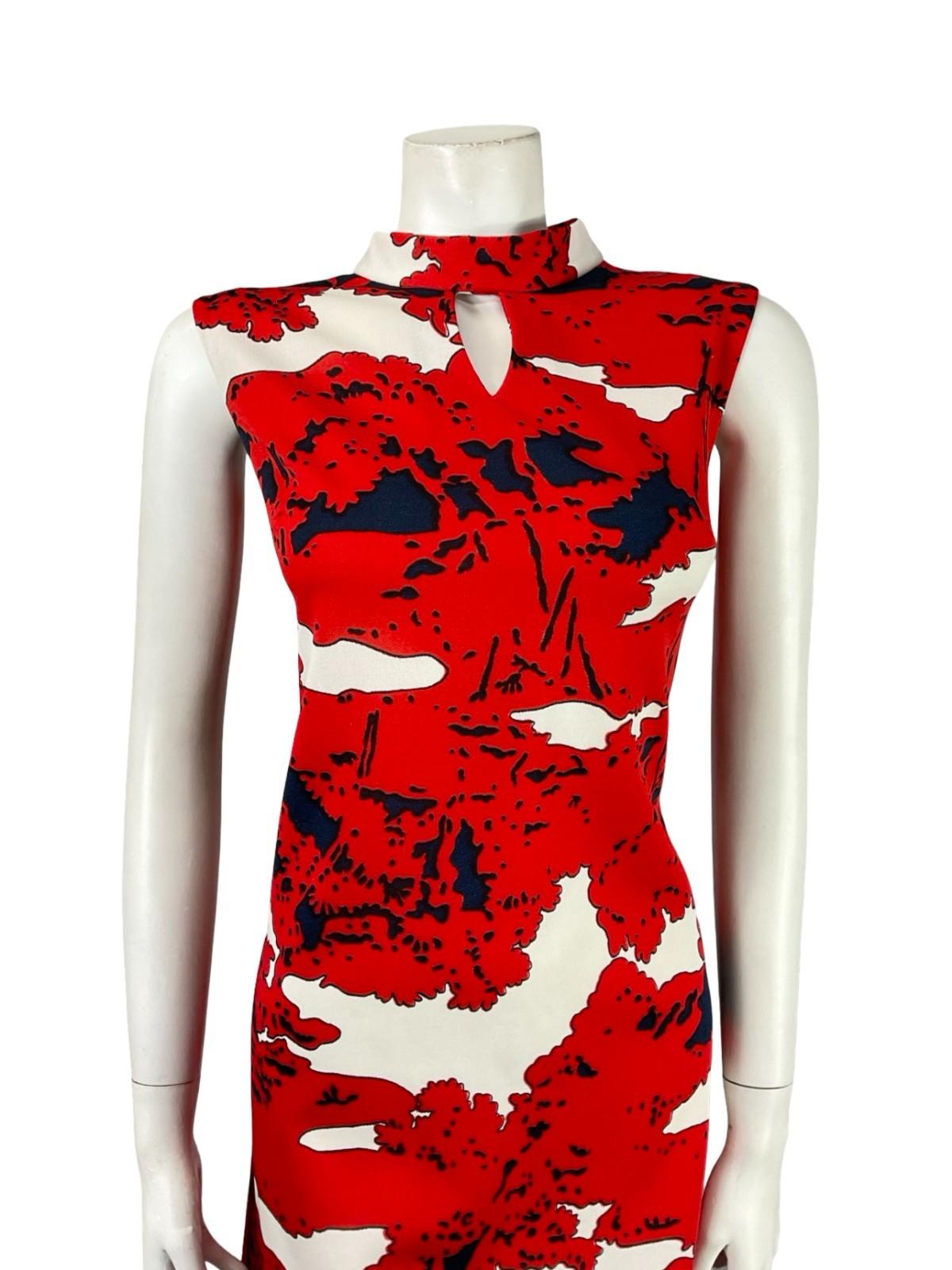 VTG 60S 70S RED NAVY BLUE WHITE PSYCHEDELIC FUNNEL MOD SHIFT KEYHOLE DRESS 14