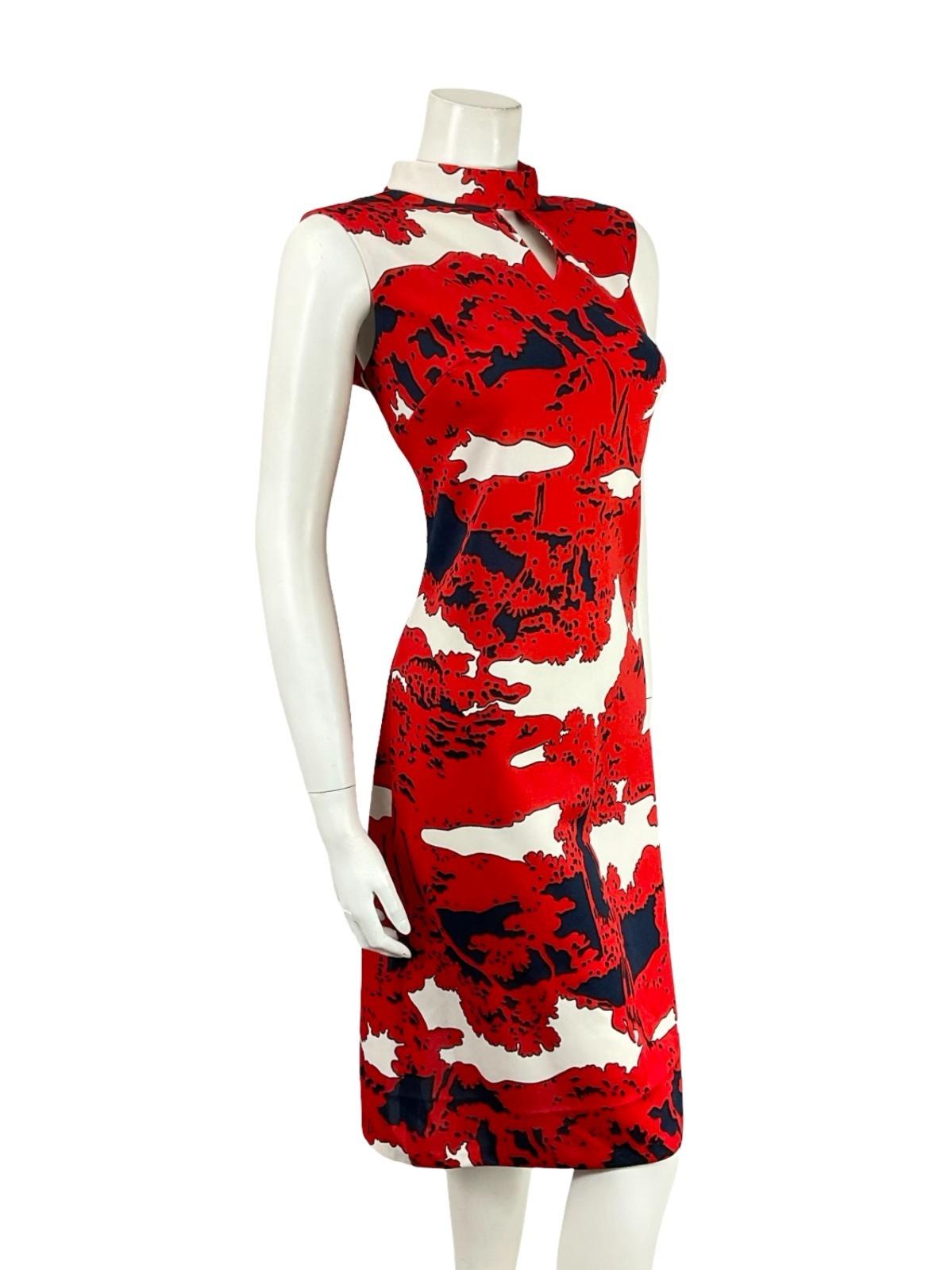 VTG 60S 70S RED NAVY BLUE WHITE PSYCHEDELIC FUNNEL MOD SHIFT KEYHOLE DRESS 14