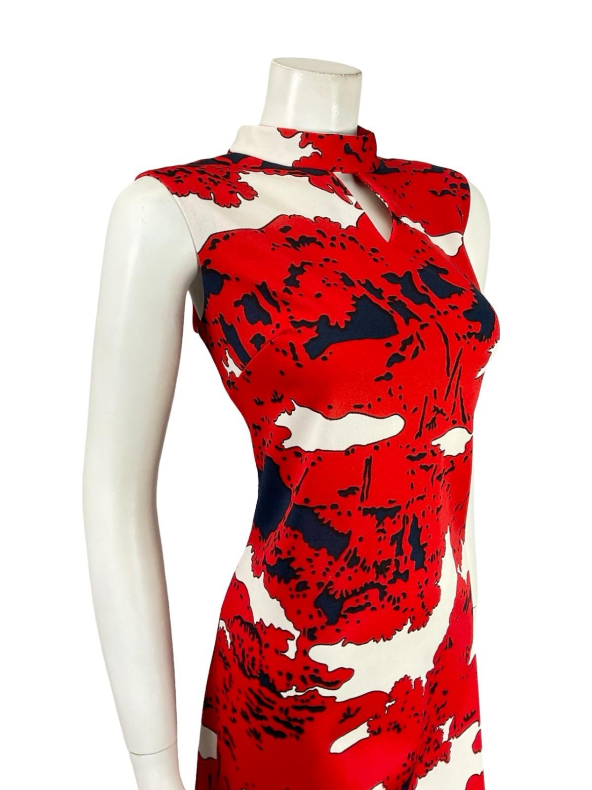 VTG 60S 70S RED NAVY BLUE WHITE PSYCHEDELIC FUNNEL MOD SHIFT KEYHOLE DRESS 14