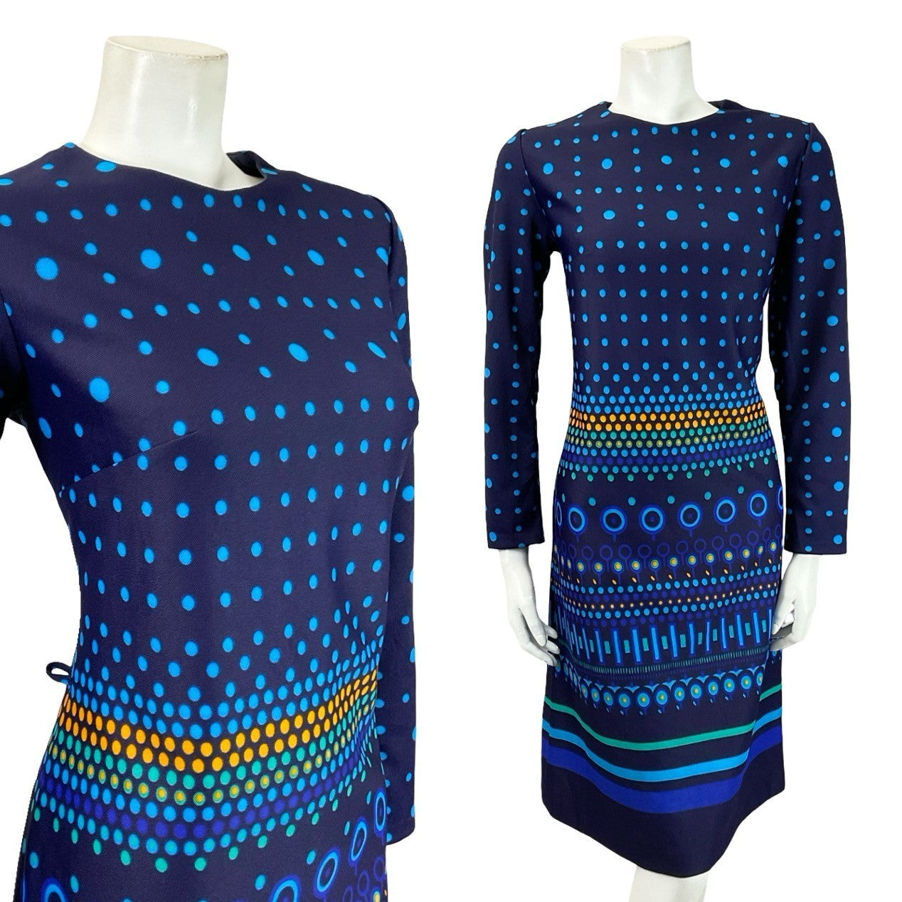 VTG 60S 70S BLUE YELLOW GREEN DOTTY STRIPED GEOMETRIC MOD SHIFT DRESS 10 12