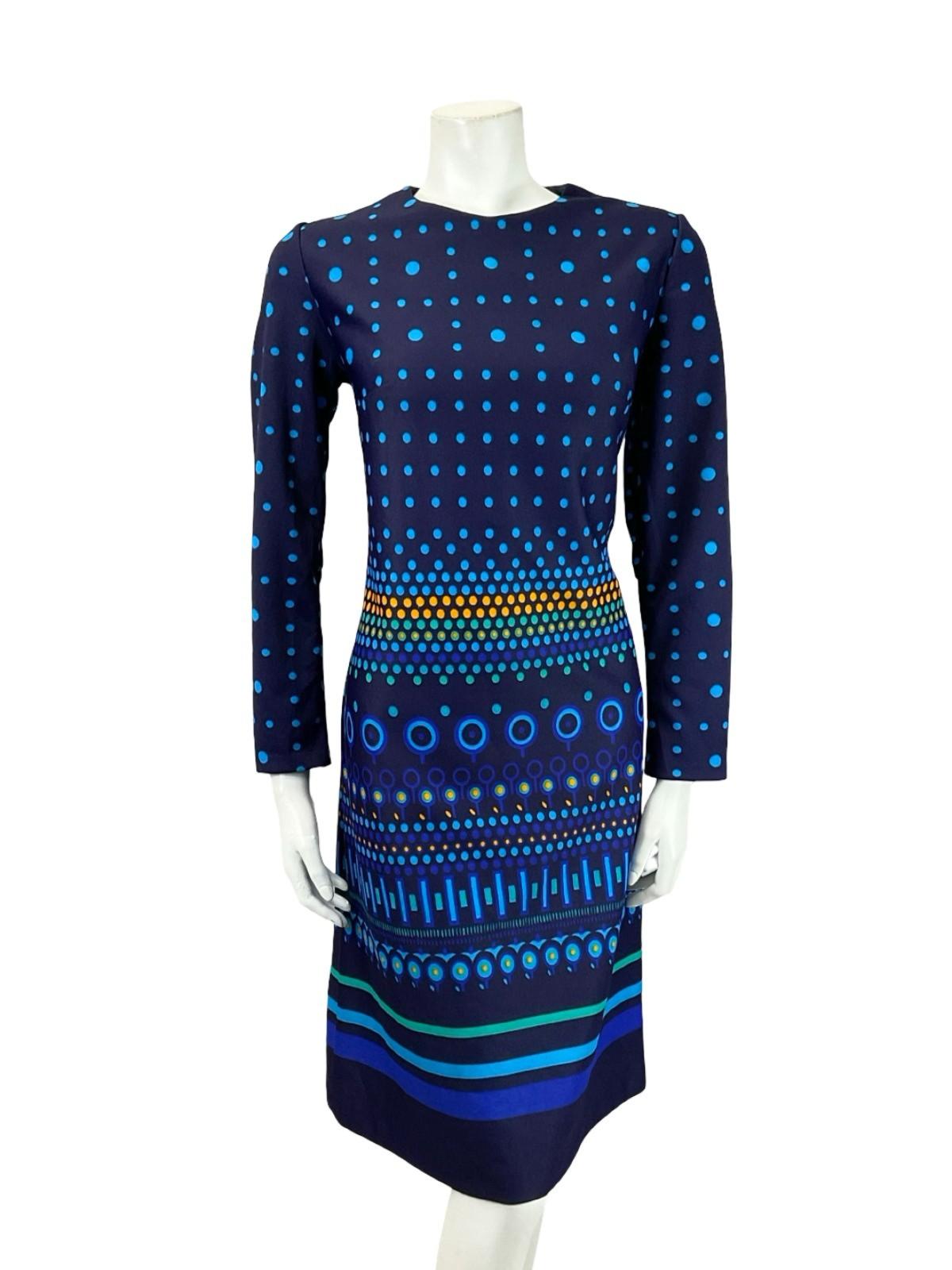 VTG 60S 70S BLUE YELLOW GREEN DOTTY STRIPED GEOMETRIC MOD SHIFT DRESS 10 12