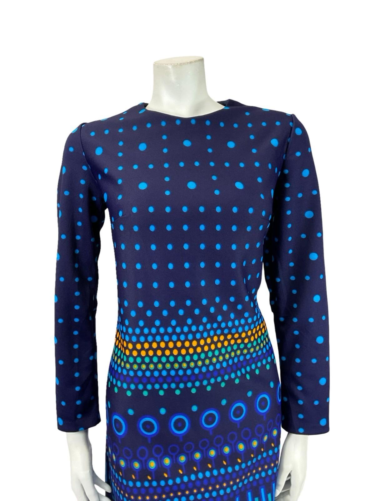 VTG 60S 70S BLUE YELLOW GREEN DOTTY STRIPED GEOMETRIC MOD SHIFT DRESS 10 12