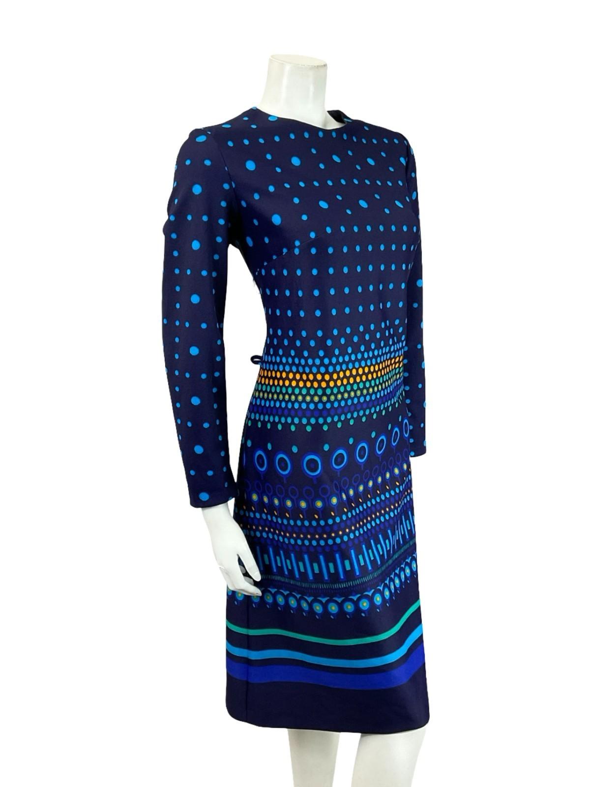 VTG 60S 70S BLUE YELLOW GREEN DOTTY STRIPED GEOMETRIC MOD SHIFT DRESS 10 12