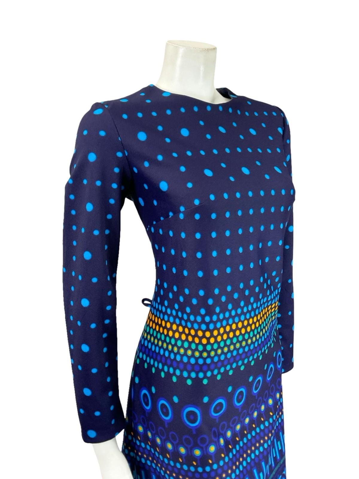 VTG 60S 70S BLUE YELLOW GREEN DOTTY STRIPED GEOMETRIC MOD SHIFT DRESS 10 12
