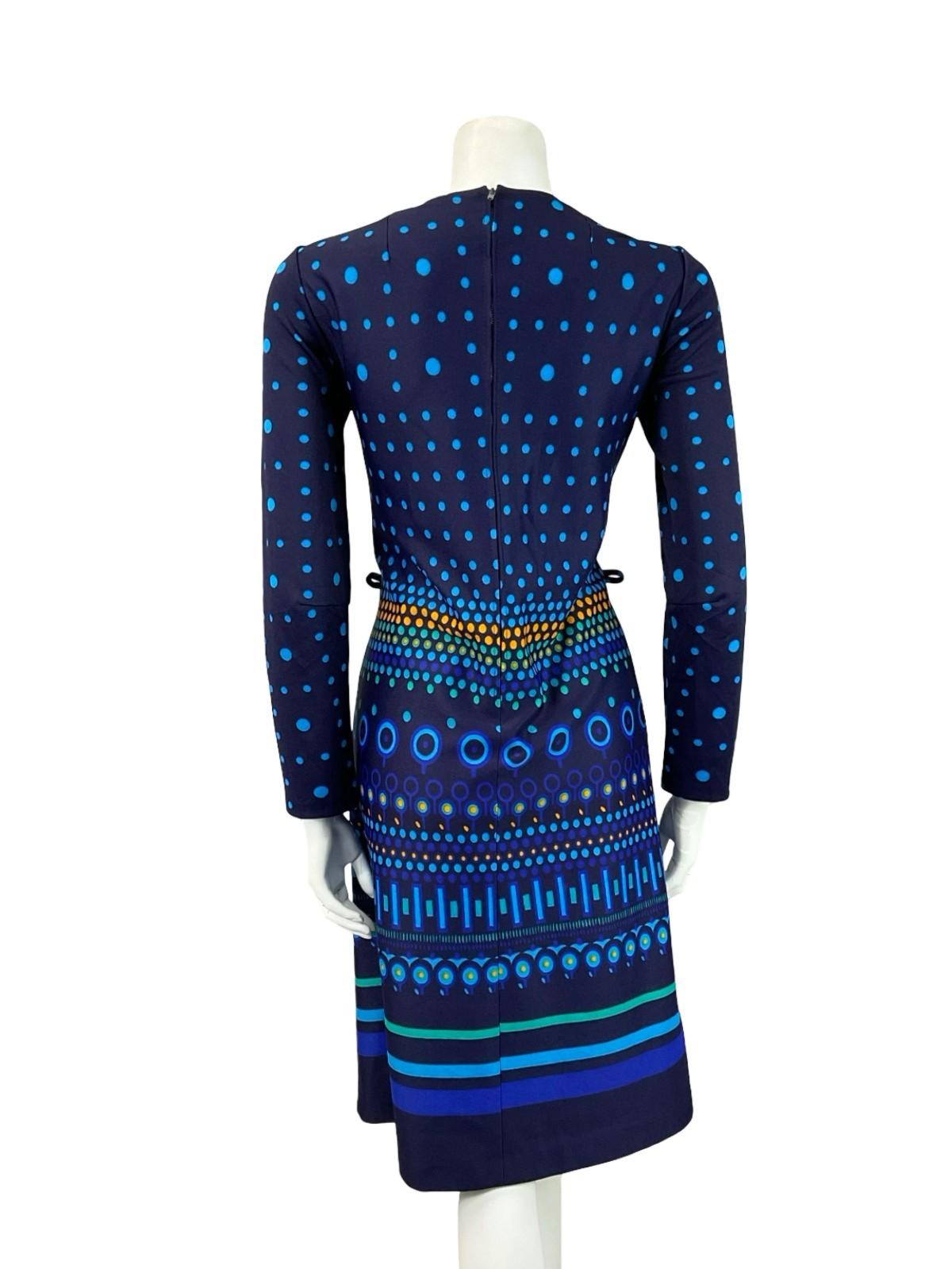 VTG 60S 70S BLUE YELLOW GREEN DOTTY STRIPED GEOMETRIC MOD SHIFT DRESS 10 12