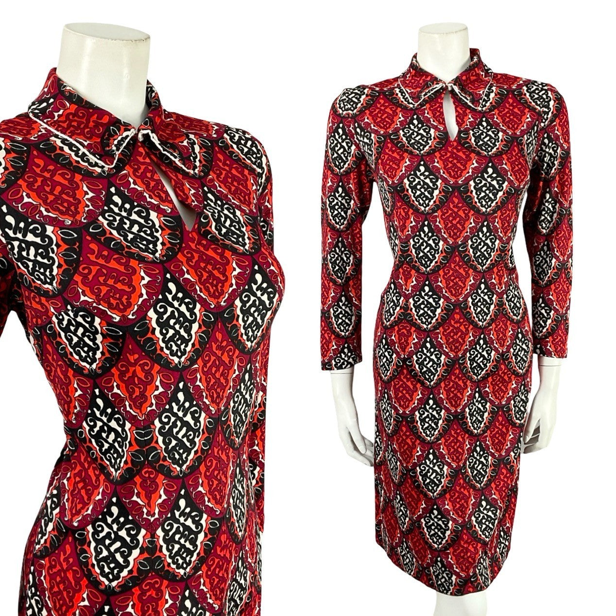 VTG 60S 70S BLACK WHITE RED MOD PSYCHEDELIC GEOMETRIC SCALES SHIFT DRESS 8