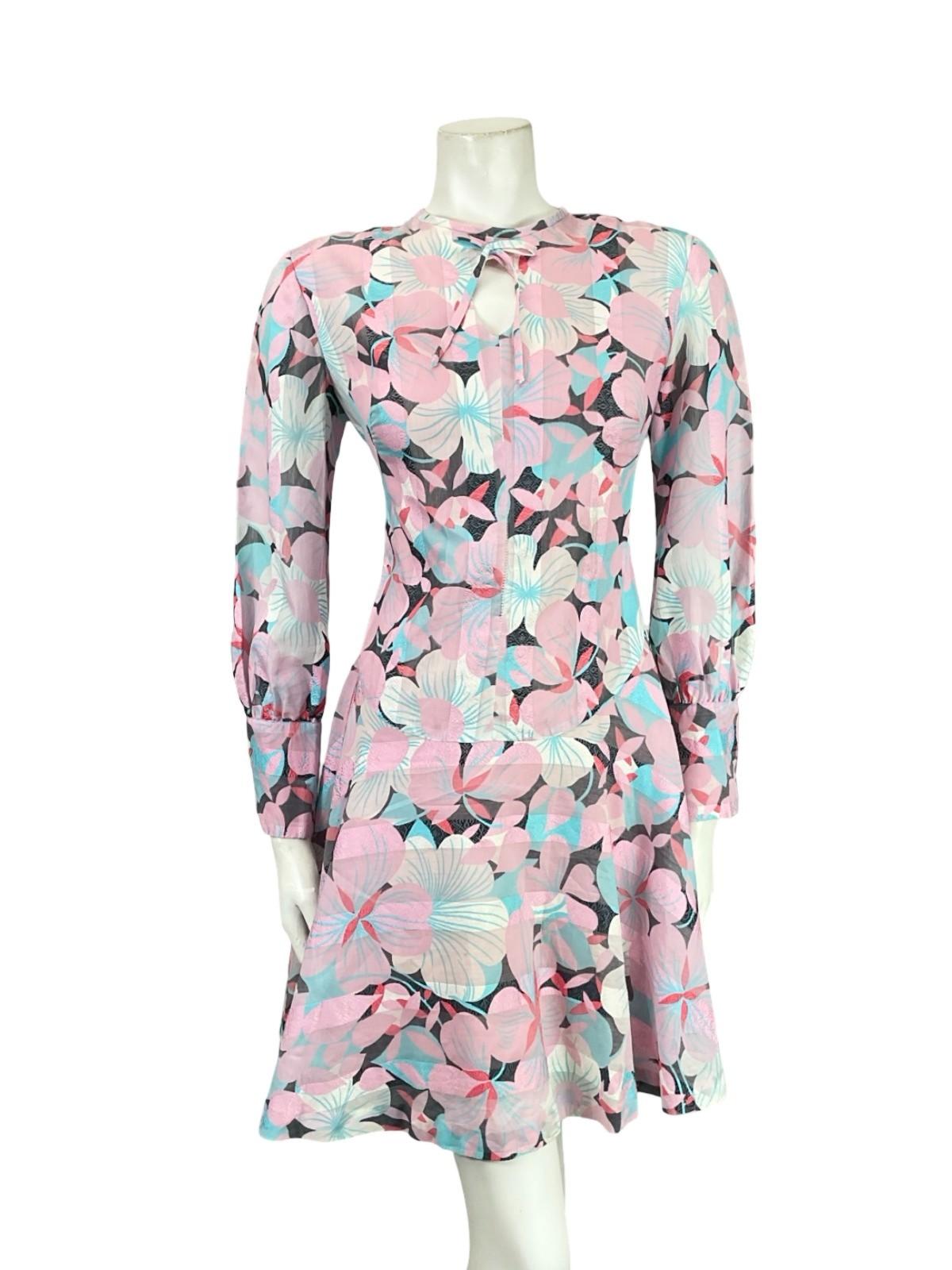 VTG 60S 70S MOD PINK BLUE GREEN STRIPED FLORAL DROPPED WAIST SKATER DRESS 10