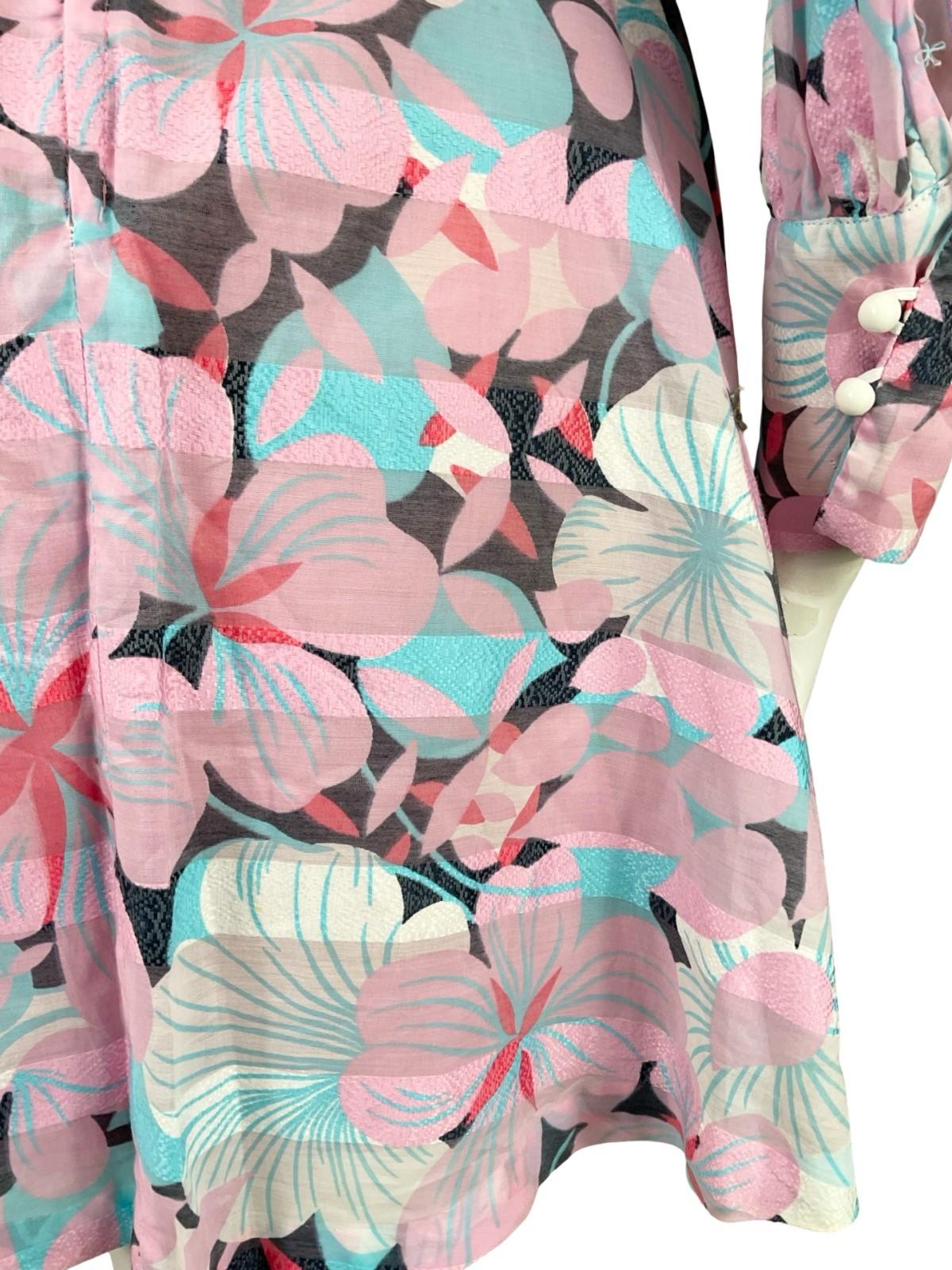 VTG 60S 70S MOD PINK BLUE GREEN STRIPED FLORAL DROPPED WAIST SKATER DRESS 10
