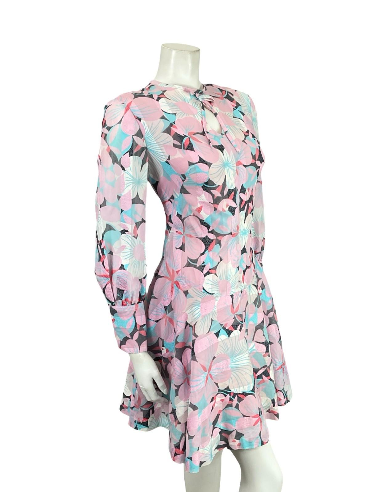 VTG 60S 70S MOD PINK BLUE GREEN STRIPED FLORAL DROPPED WAIST SKATER DRESS 10