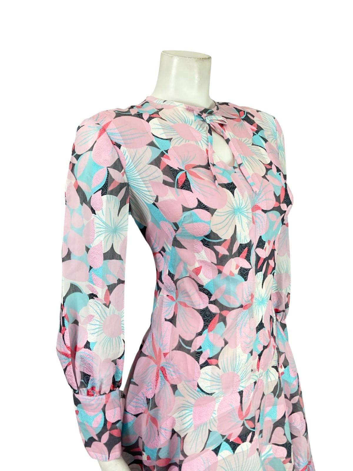 VTG 60S 70S MOD PINK BLUE GREEN STRIPED FLORAL DROPPED WAIST SKATER DRESS 10