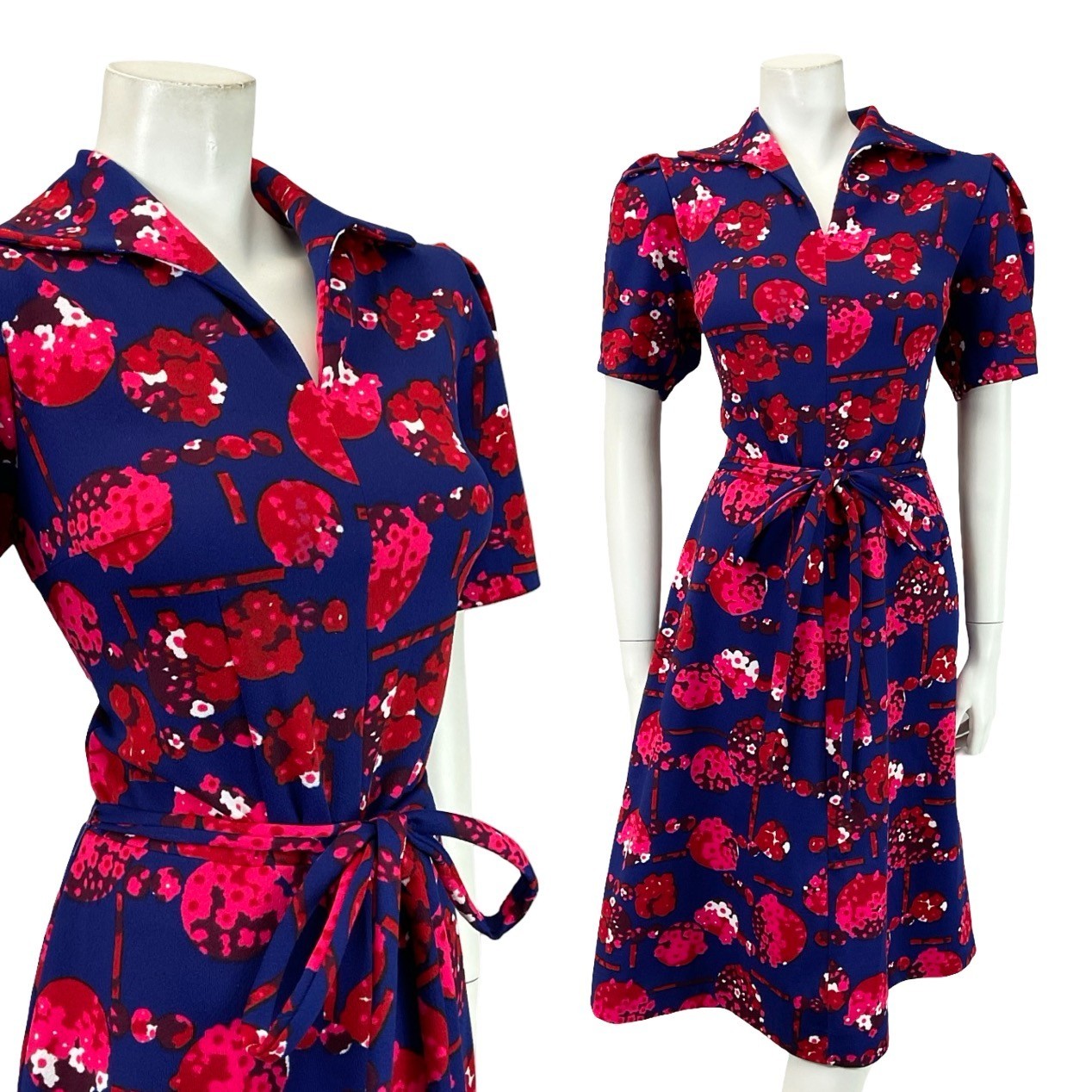 VTG 60S 70S NAVY BLUE RED PINK FLORAL TIE WAIST OPEN COLLAR A LINE MIDI DRESS 12