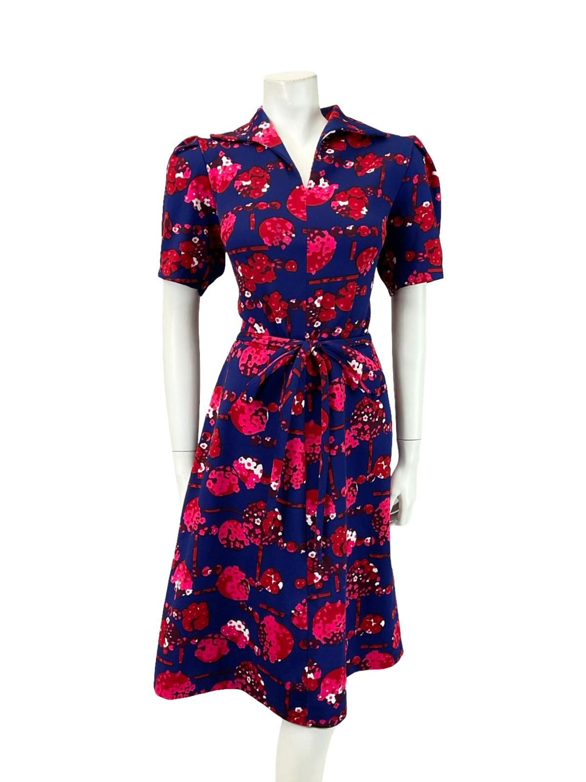 VTG 60S 70S NAVY BLUE RED PINK FLORAL TIE WAIST OPEN COLLAR A LINE MIDI DRESS 12