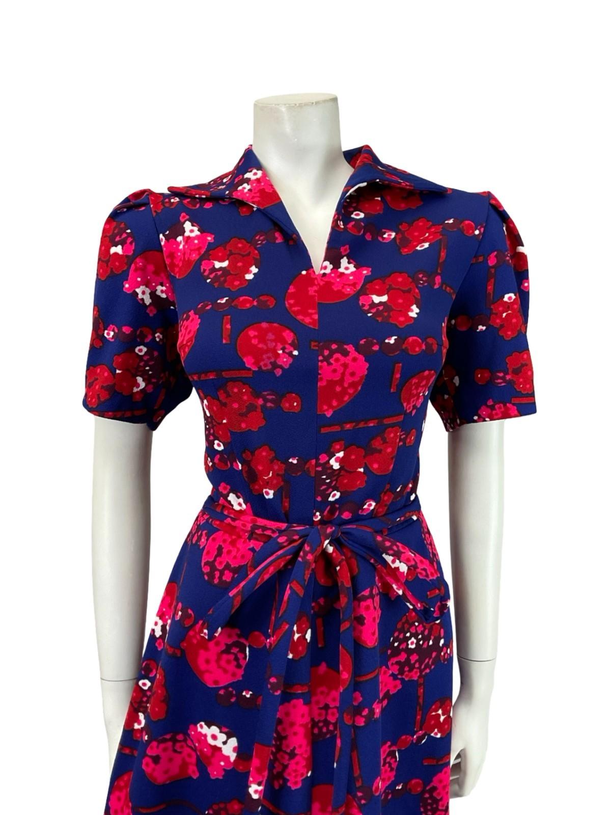 VTG 60S 70S NAVY BLUE RED PINK FLORAL TIE WAIST OPEN COLLAR A LINE MIDI DRESS 12