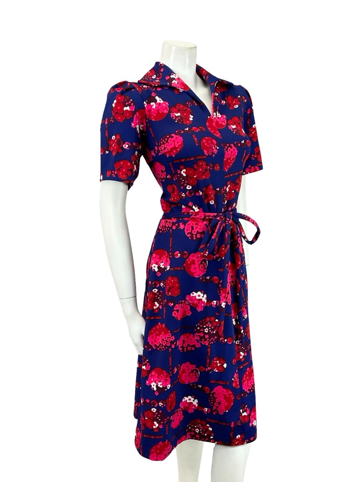 VTG 60S 70S NAVY BLUE RED PINK FLORAL TIE WAIST OPEN COLLAR A LINE MIDI DRESS 12