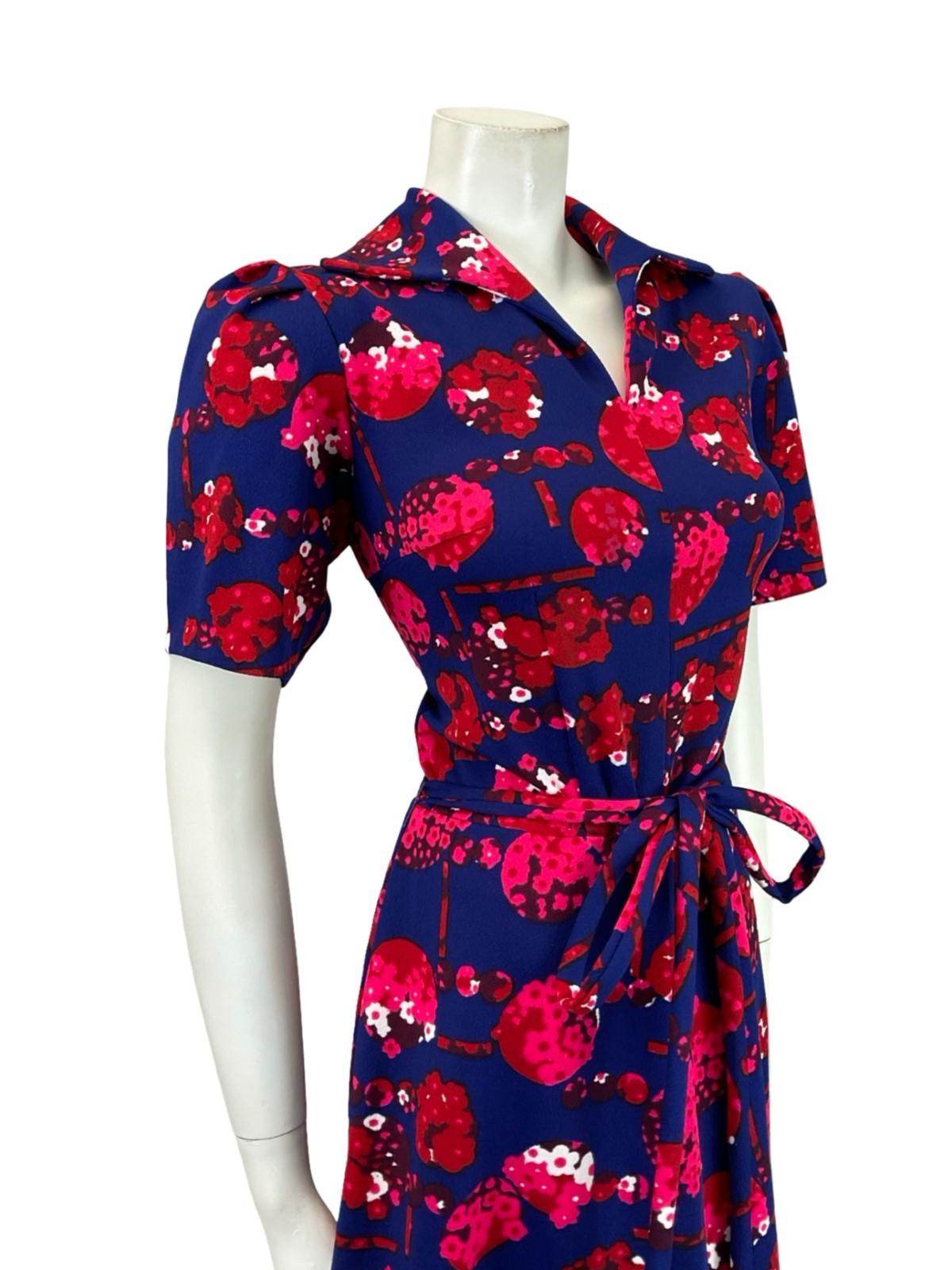VTG 60S 70S NAVY BLUE RED PINK FLORAL TIE WAIST OPEN COLLAR A LINE MIDI DRESS 12