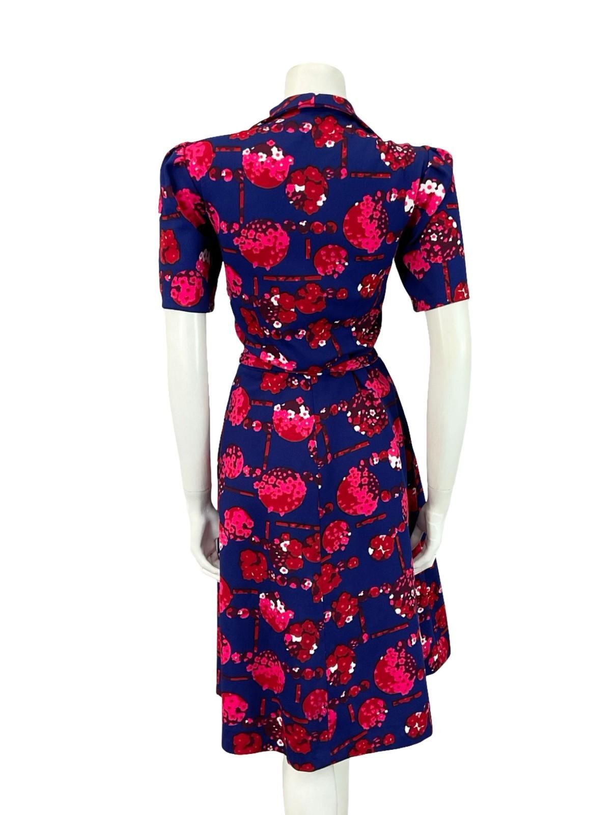 VTG 60S 70S NAVY BLUE RED PINK FLORAL TIE WAIST OPEN COLLAR A LINE MIDI DRESS 12