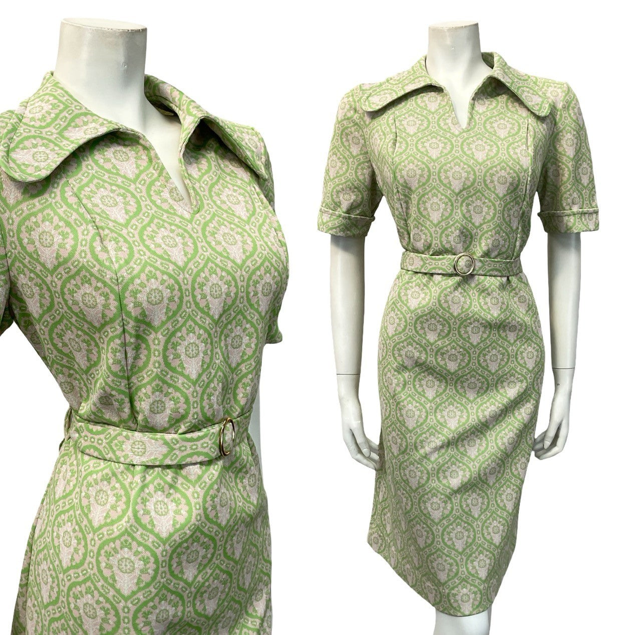 VTG 60S 70S MOD GEOMETRIC BEIGE GREEN TILE PRINT DOG EAR COLLAR BELTED DRESS 14