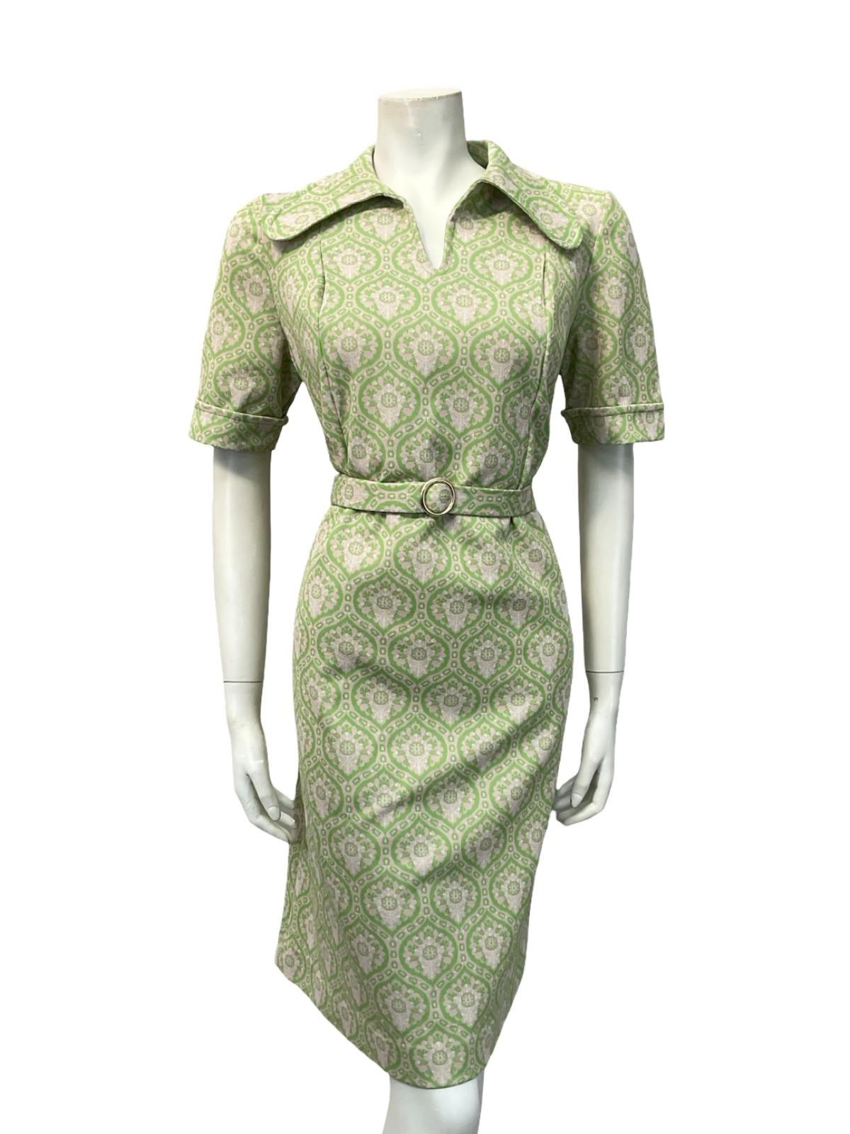 VTG 60S 70S MOD GEOMETRIC BEIGE GREEN TILE PRINT DOG EAR COLLAR BELTED DRESS 14
