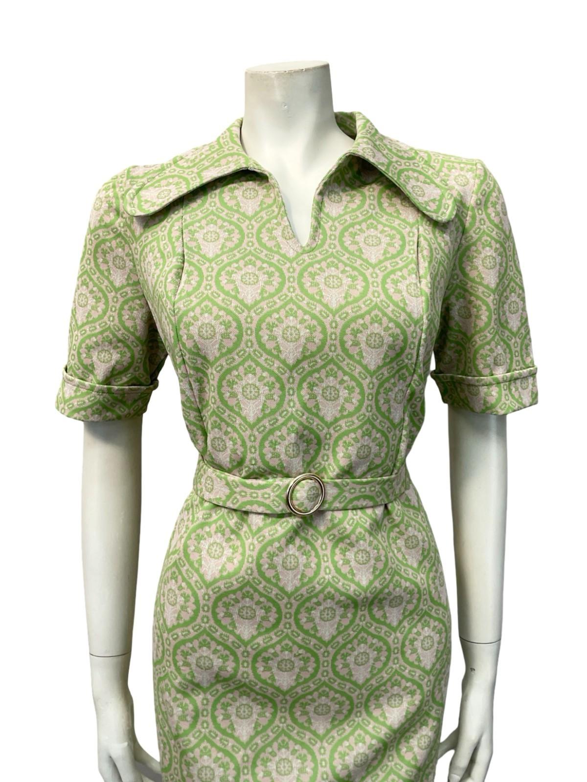 VTG 60S 70S MOD GEOMETRIC BEIGE GREEN TILE PRINT DOG EAR COLLAR BELTED DRESS 14