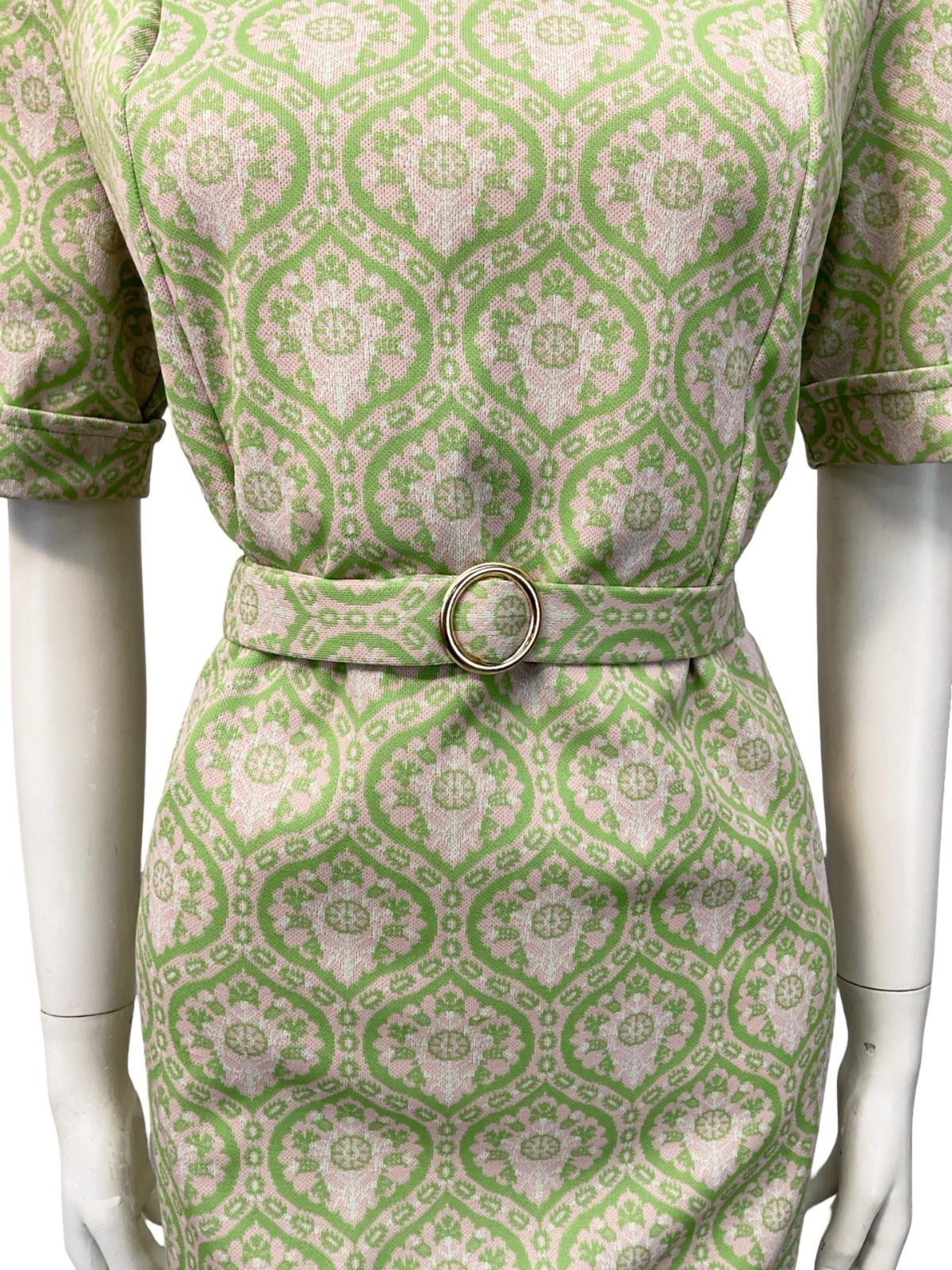 VTG 60S 70S MOD GEOMETRIC BEIGE GREEN TILE PRINT DOG EAR COLLAR BELTED DRESS 14